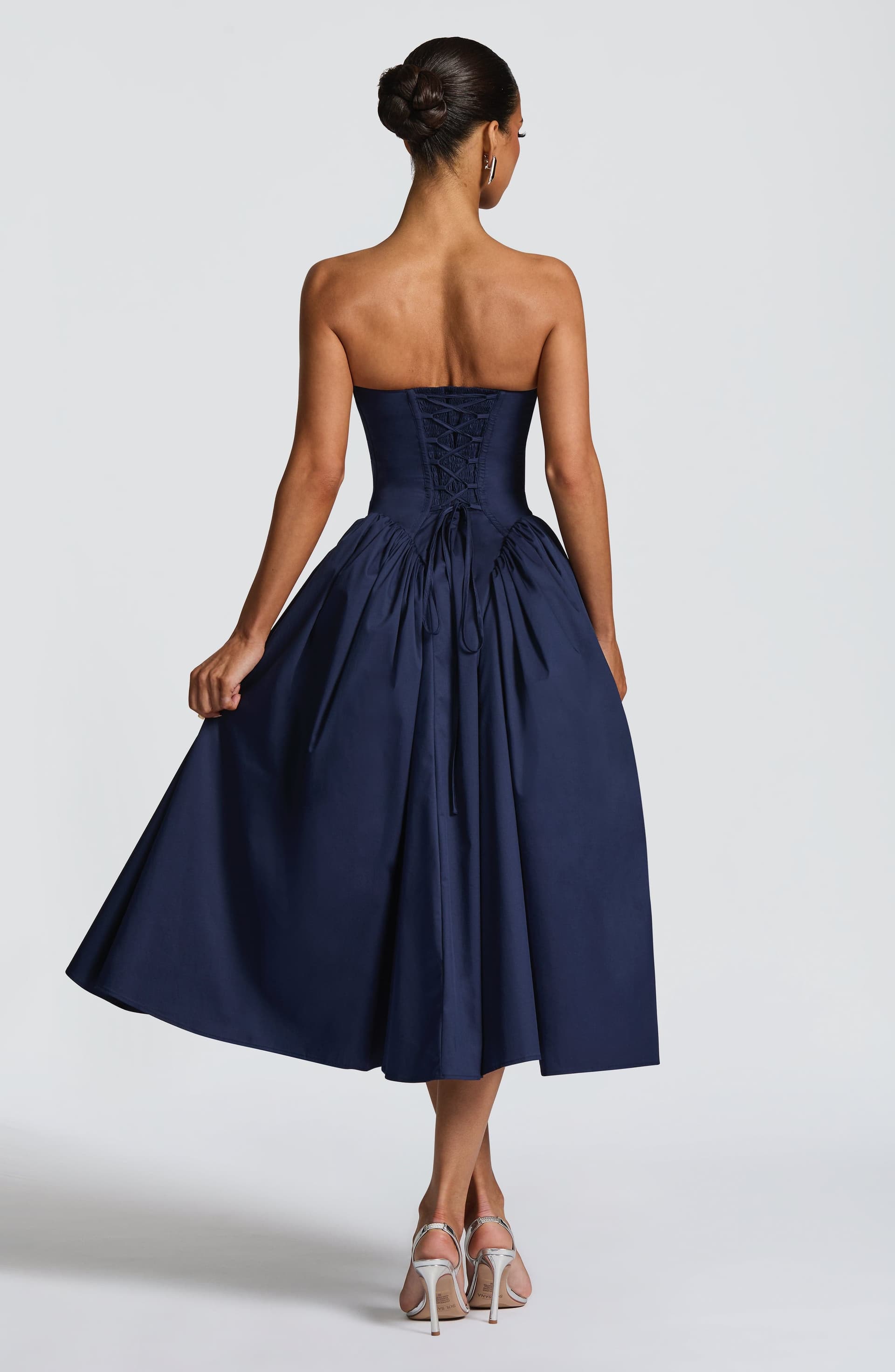 Darla Midi Dress - Navy Strapless Boned Bodice Full Skirt