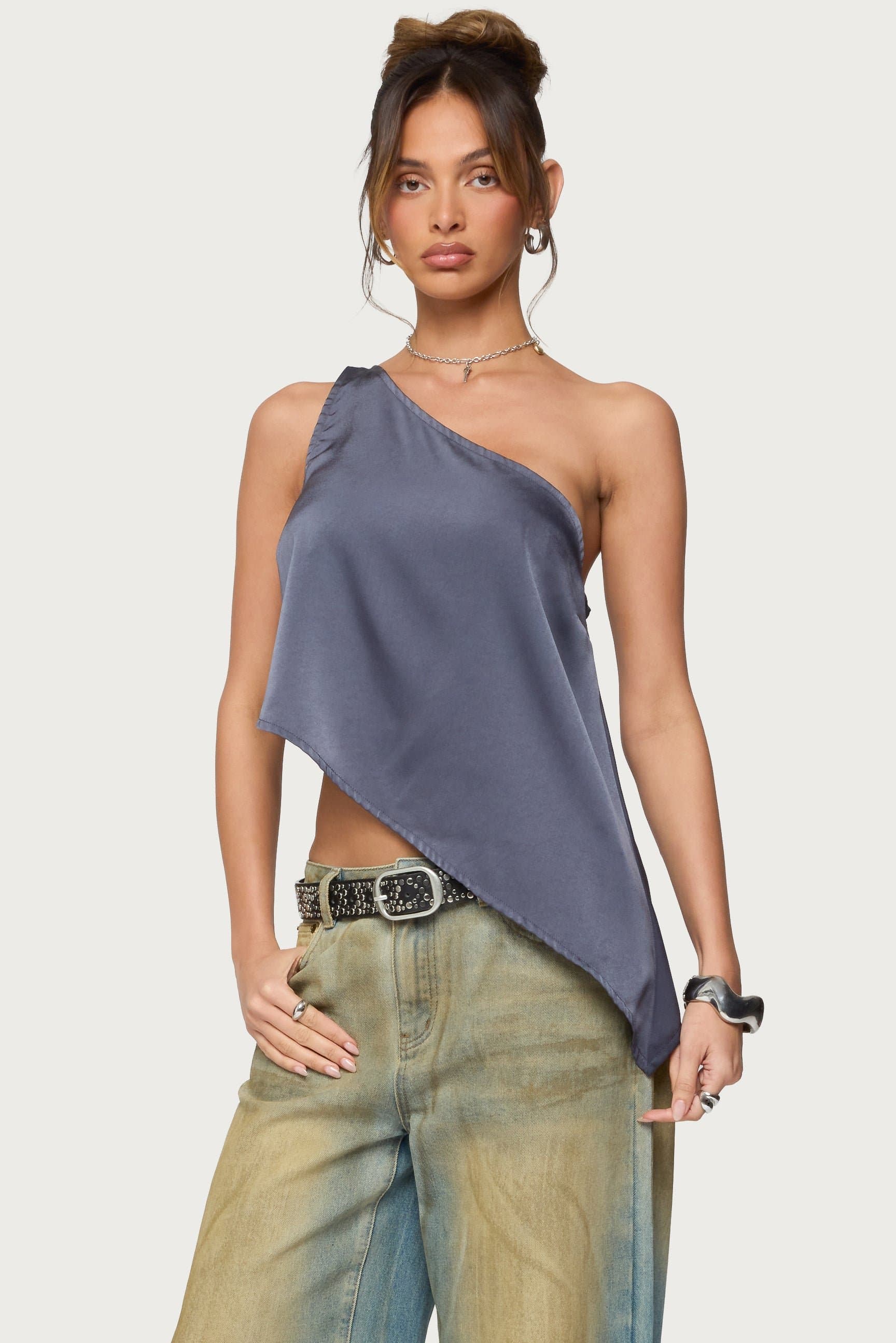 Asymmetric Satin Effect One Shoulder Top - Polyester Spandex
