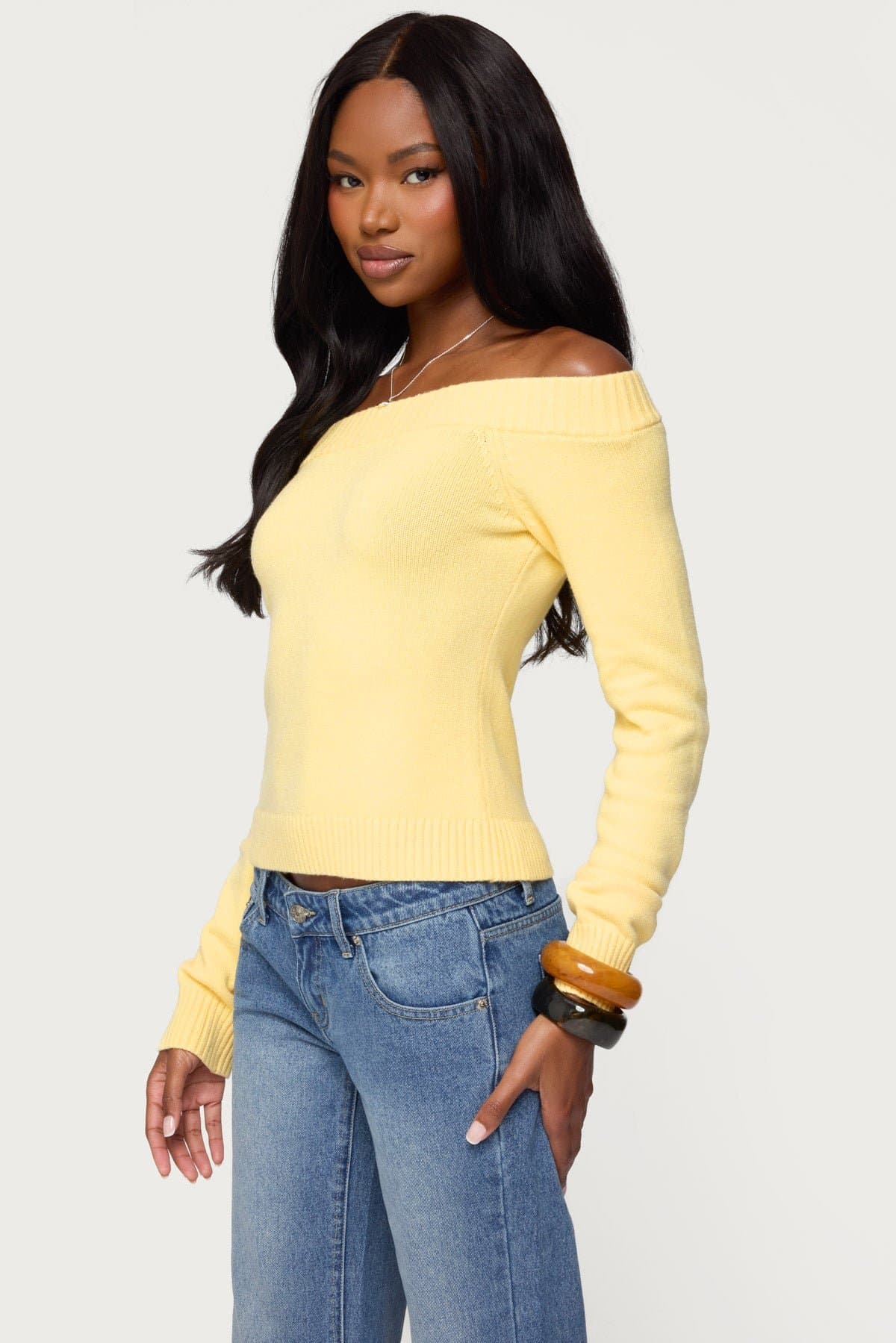 Elona Off Shoulder Long Sleeve Knit Top - Ribbed Acrylic Fabric