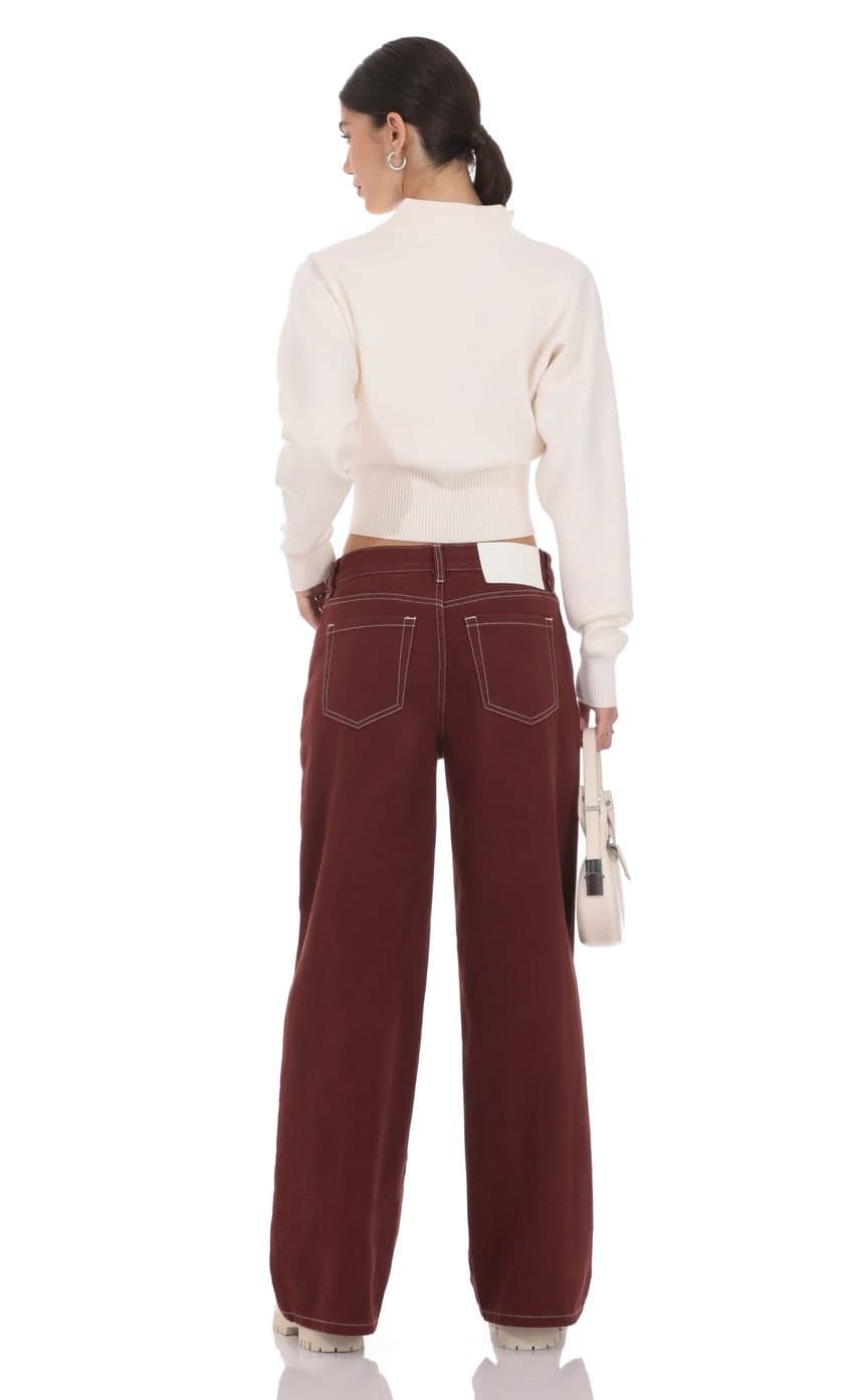 Mid Rise Wide Leg Jeans in Burgundy