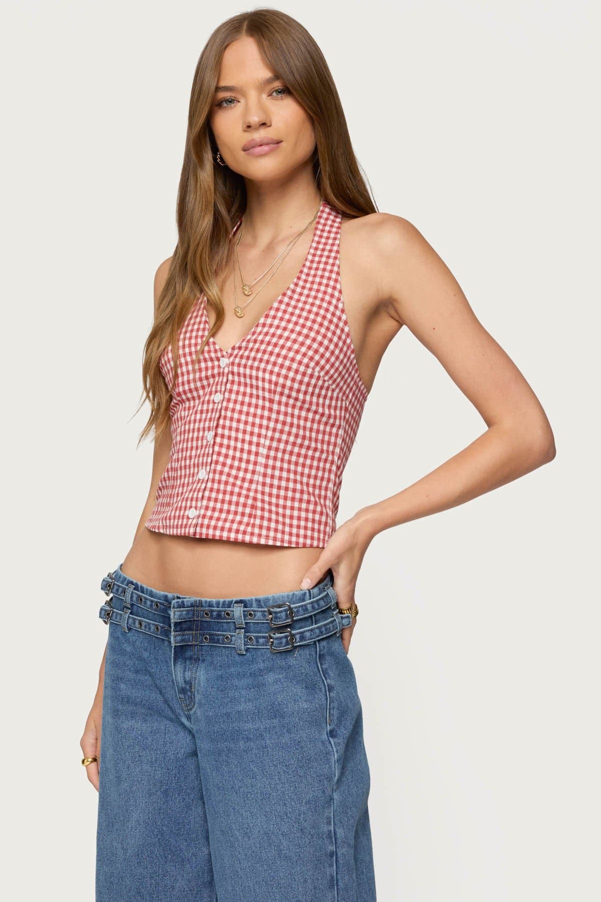 Evan Gingham Button Up Halter Top - V Neck 100% Cotton