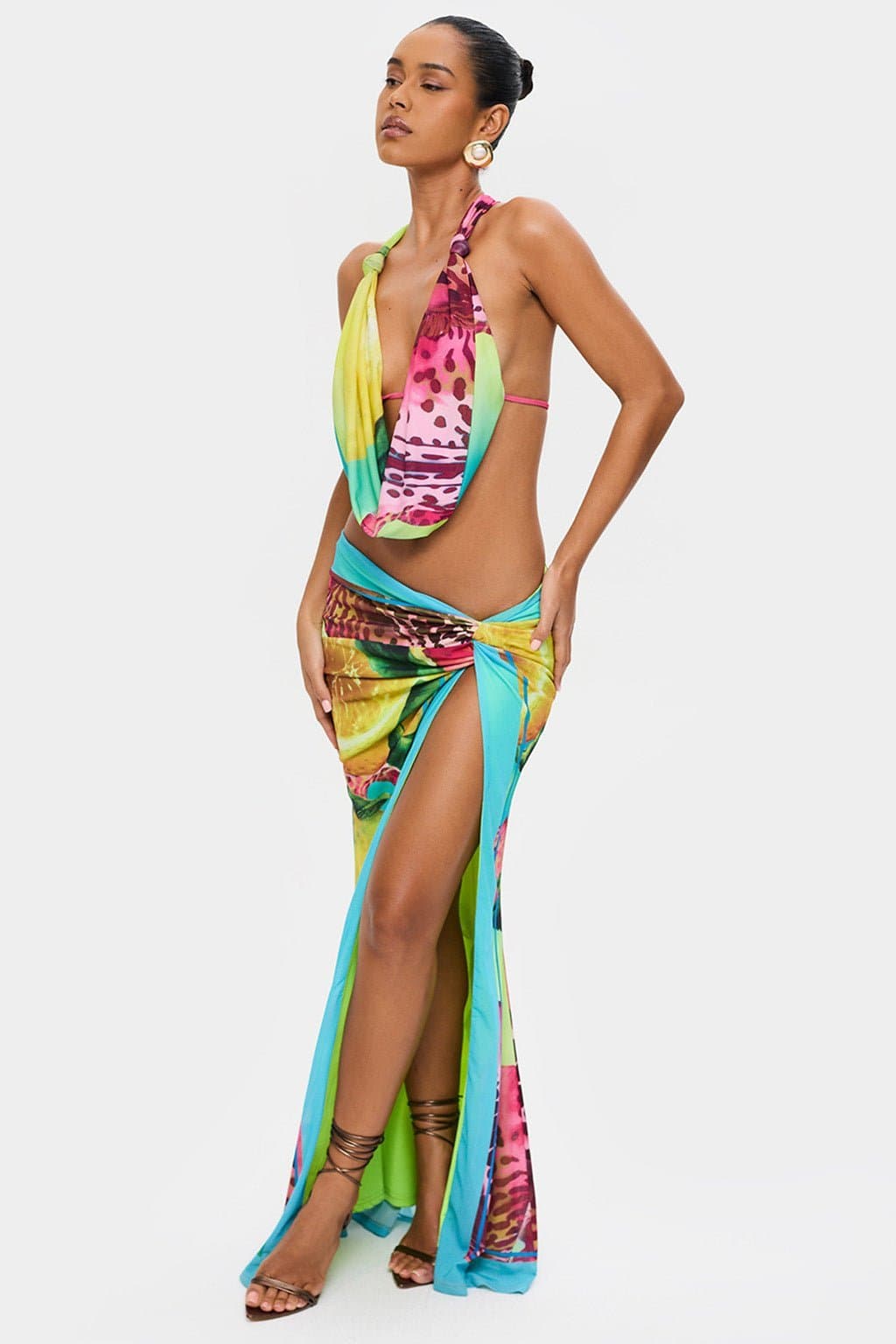 Rio Top Deep Cowl Neck Adjustable Back Strap Open Back Mesh Print