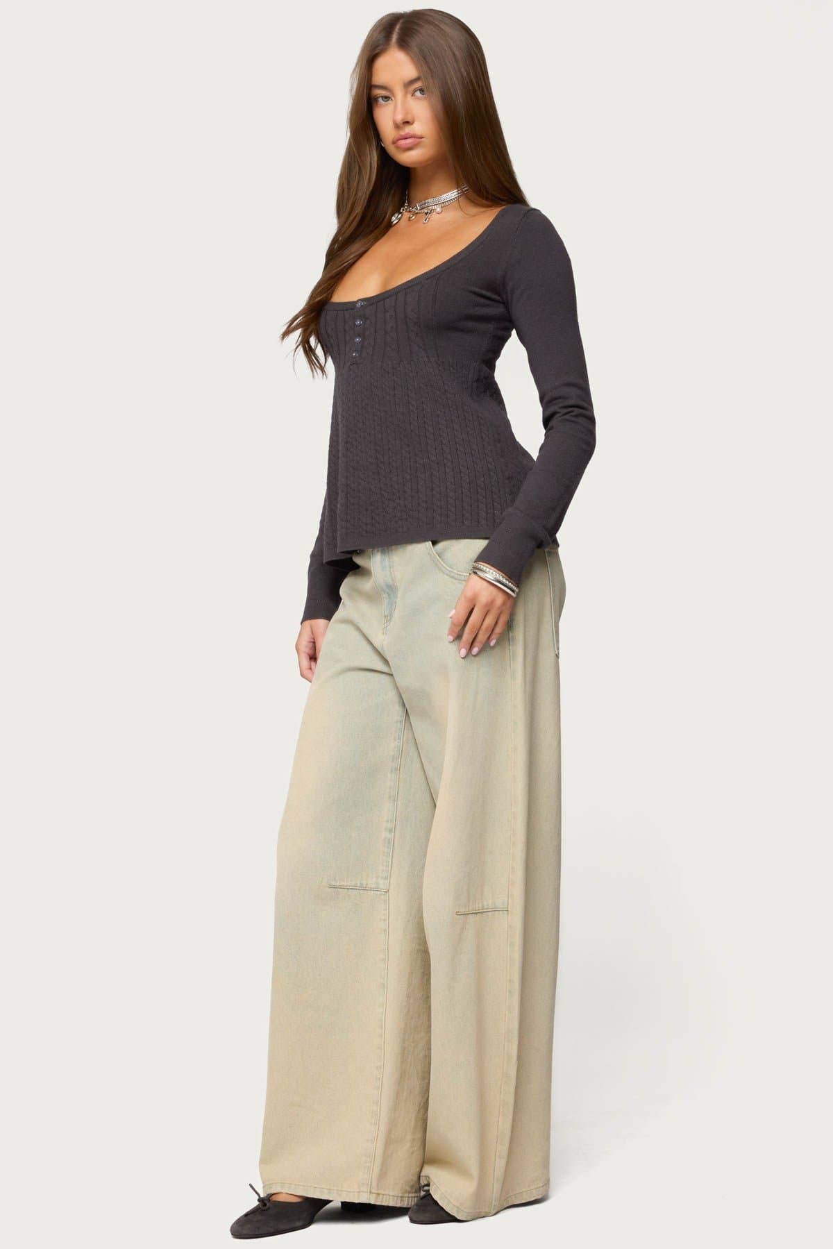 Jaylah Cable Knit Babydoll Top - Long Sleeve Scoop Neck Button Detail Small Medium Large