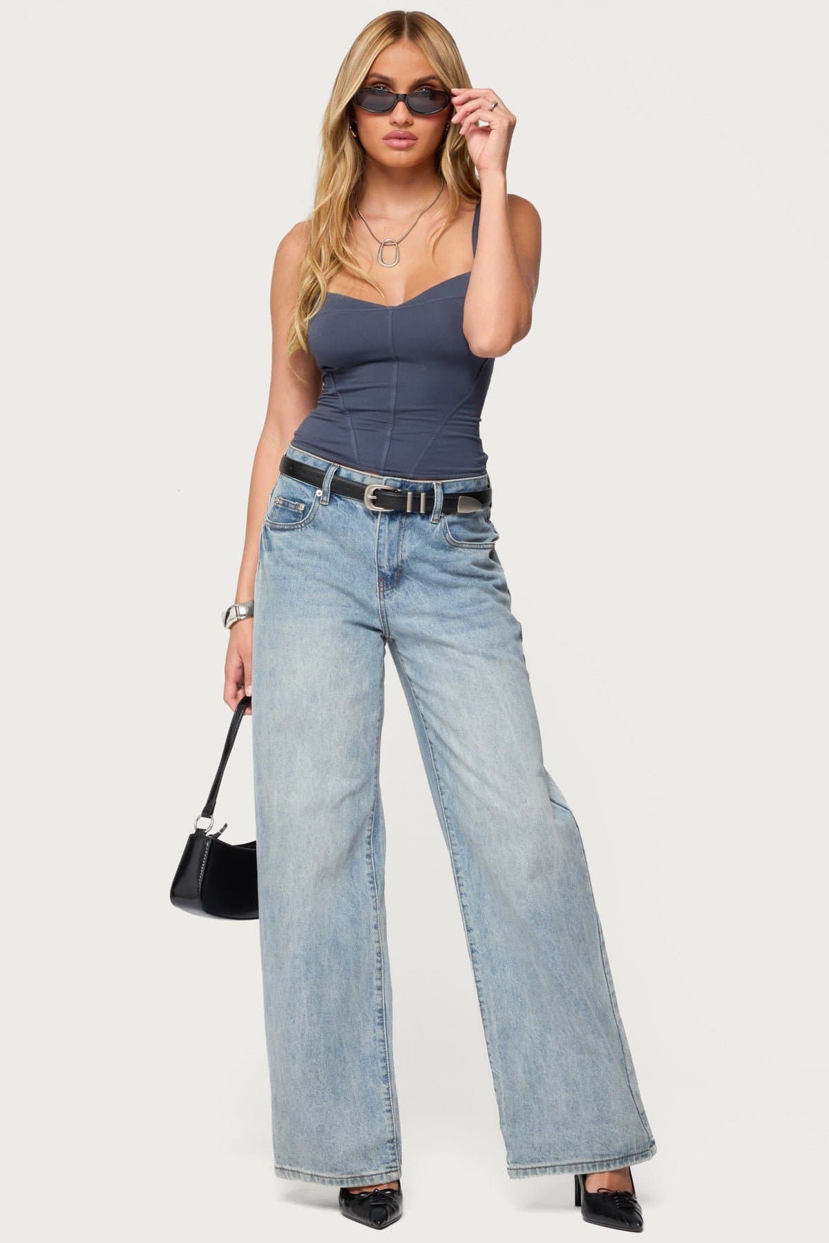 Katanya Lace Up Top - Adjustable Straps V Neck Boned Rayon Spandex