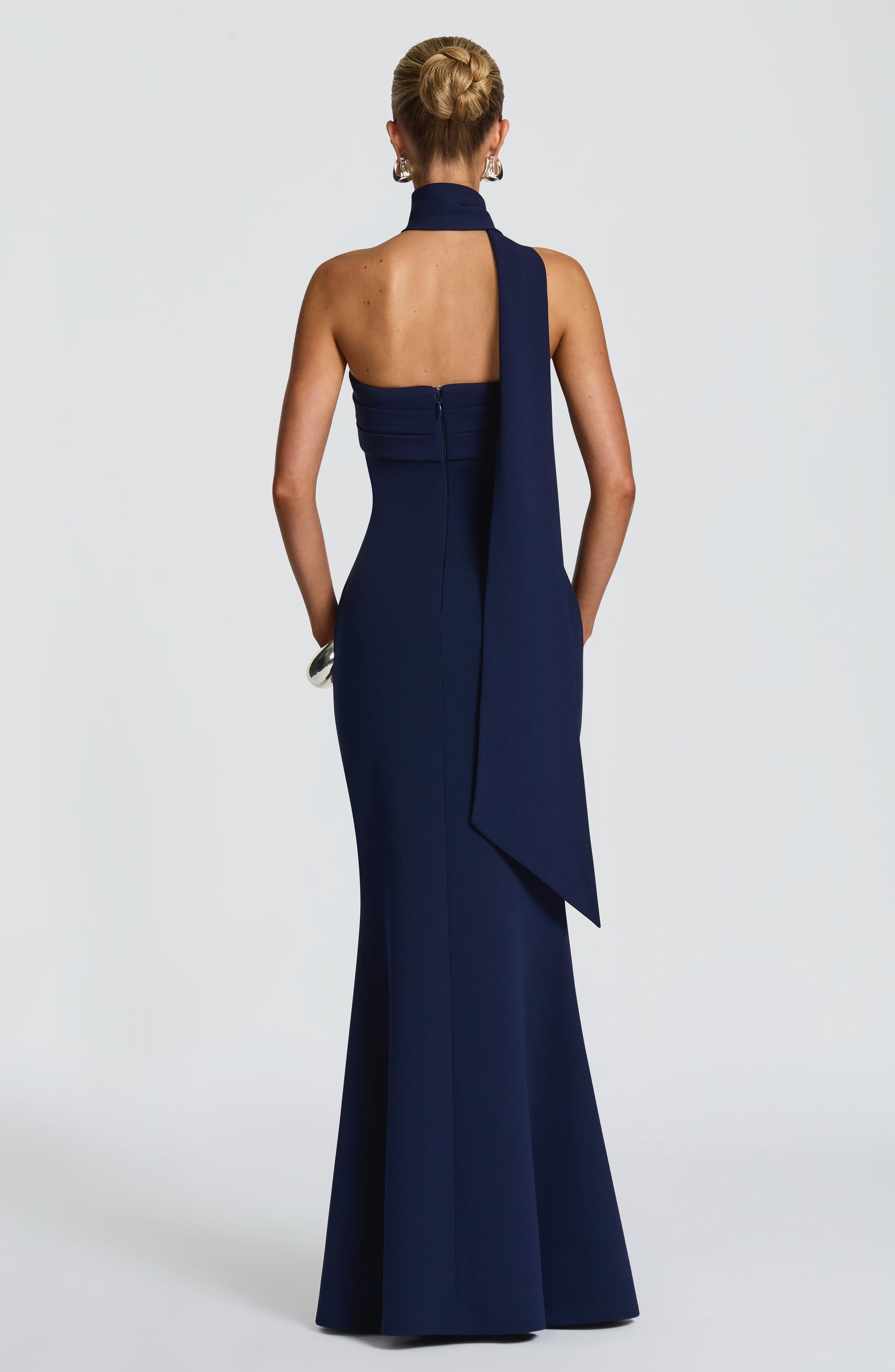 Leura Maxi Dress - Navy Strapless Stretch Crepe Fit and Flare with Pleated Bust