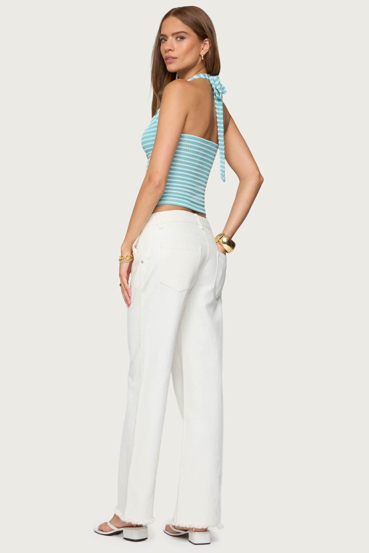 Lovina Textured Striped Halter Top - Polyester Spandex Gathered Front Buckle Detail