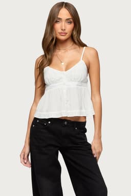 Halsey Ruffle Tank Top with Adjustable Straps, Front Buttons, Cotton Polyester Blend