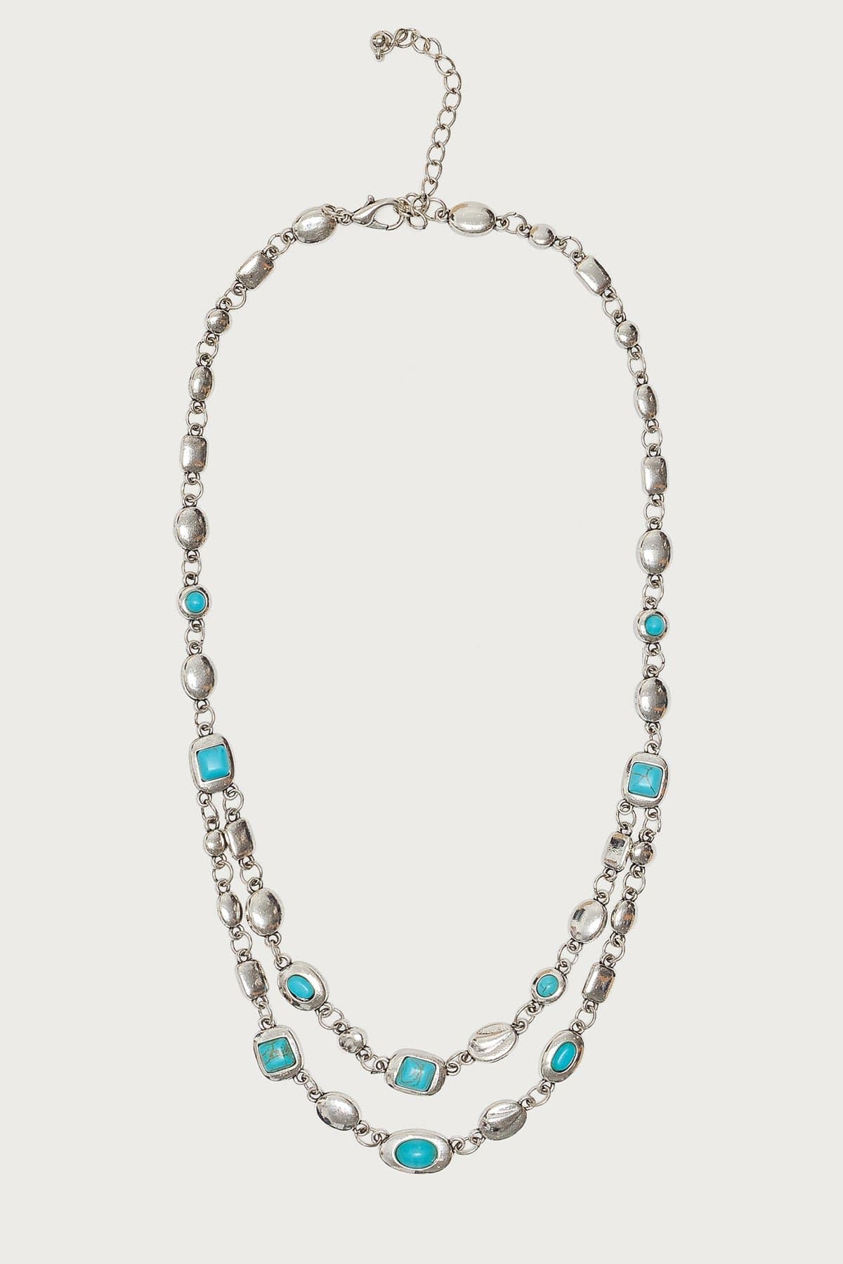 Mixed Gemstone Layered Necklace - Silver Tone 18.1 Inch Length