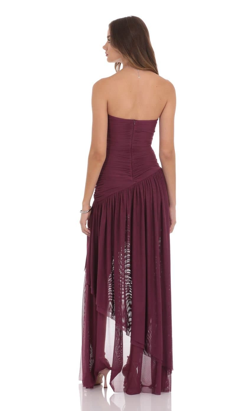 Mesh Asymmetrical High Low Maxi Dress in Plum