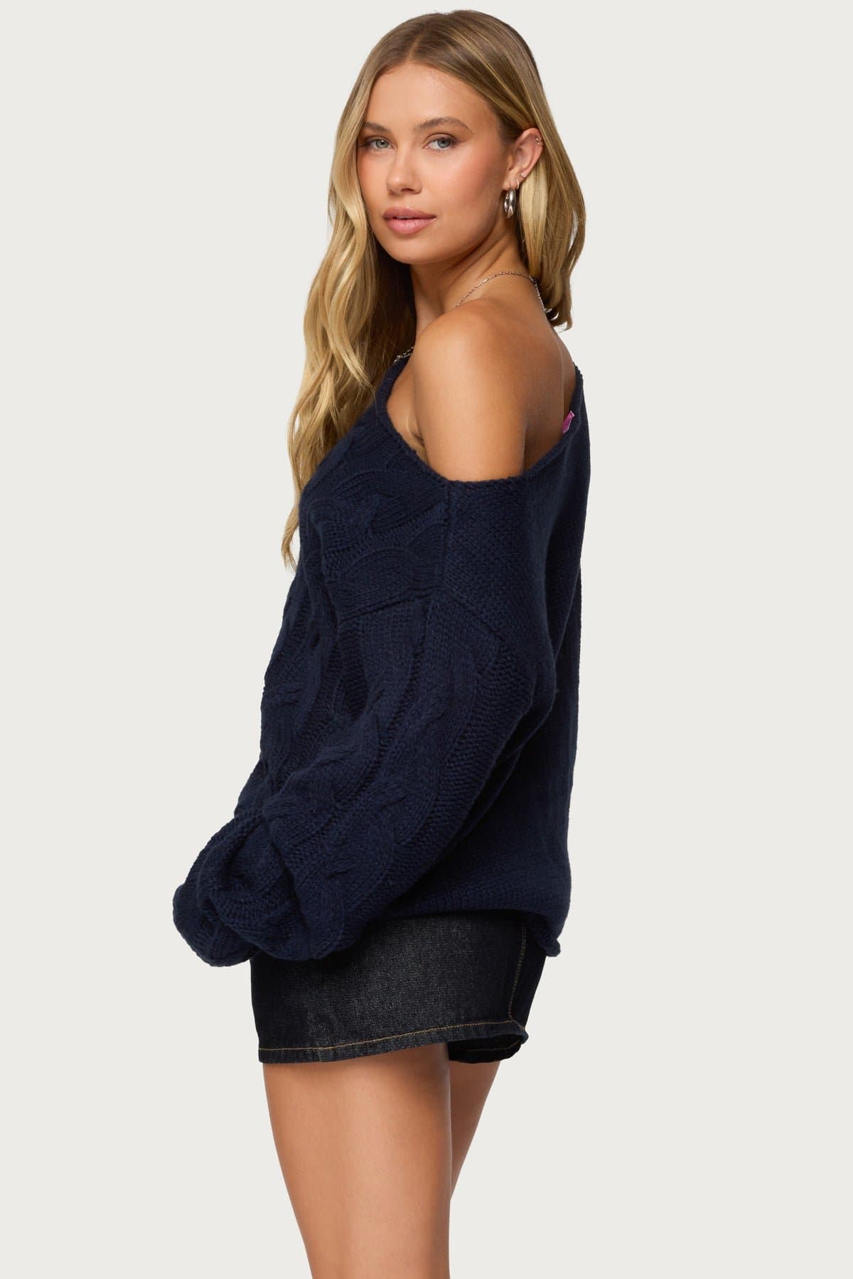 Nellie Off Shoulder Cable Knit Sweater - Acrylic Knit Top