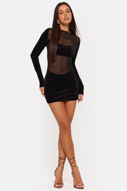 NOIR Long Sleeved Black Mini Dress with Mesh and Velvet Panels
