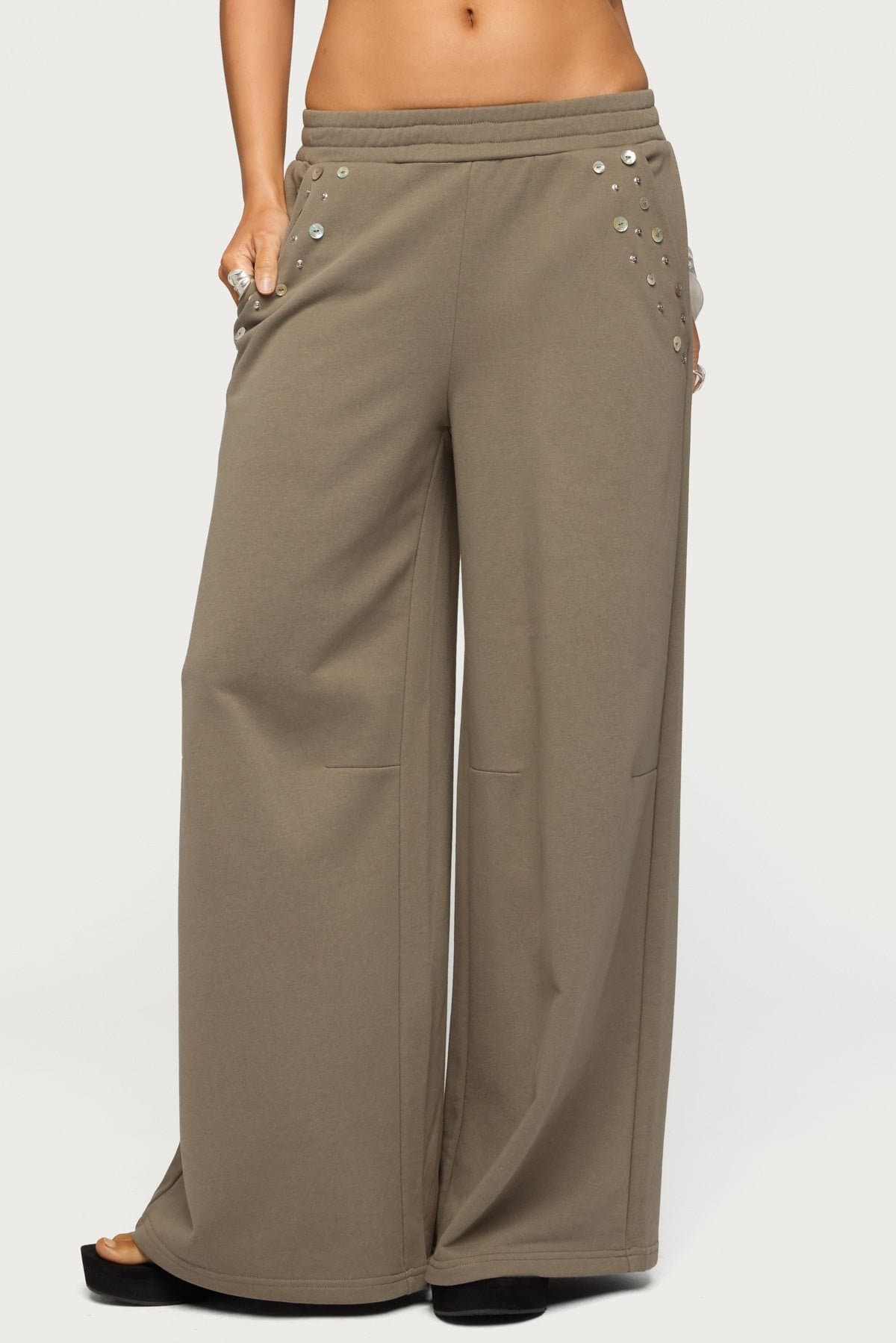 Zania Iridescent Button Sweatpants - Elastic Waist Wide Leg Cotton Polyester