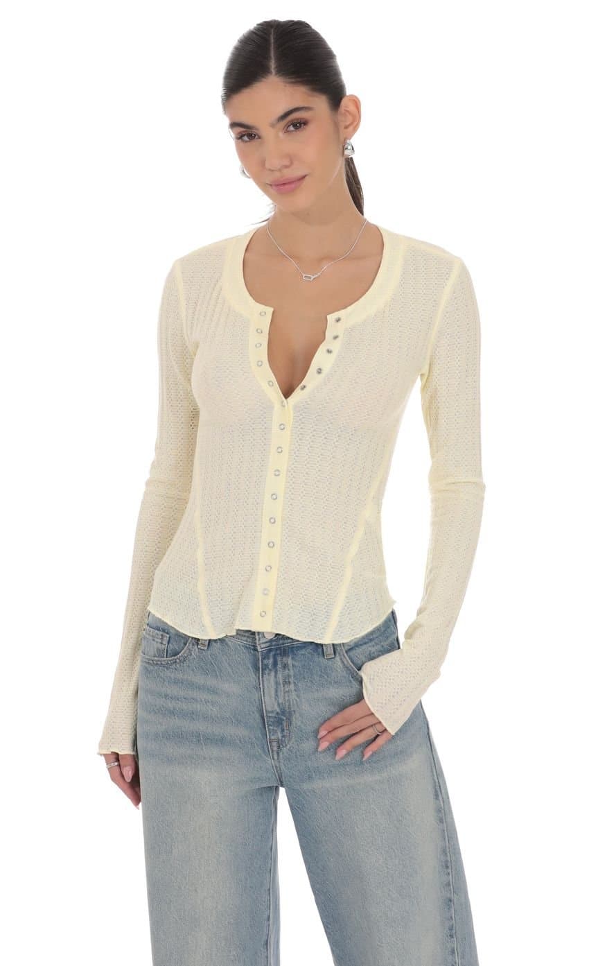 Textured Ribbed Button Top in Pastel Yellow