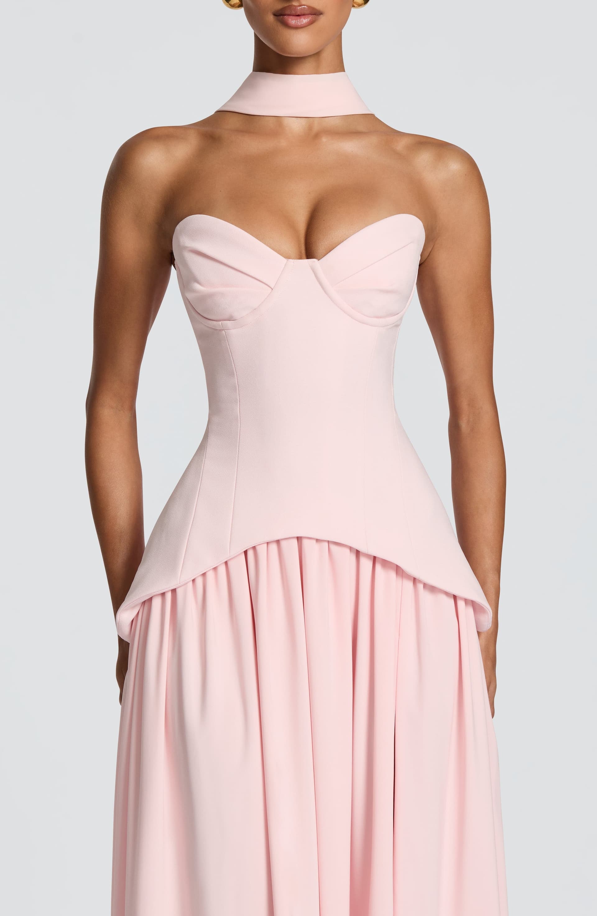 Vietta Maxi Dress in Blush - Crepe Corset Bodice Chiffon Skirt Thigh Split
