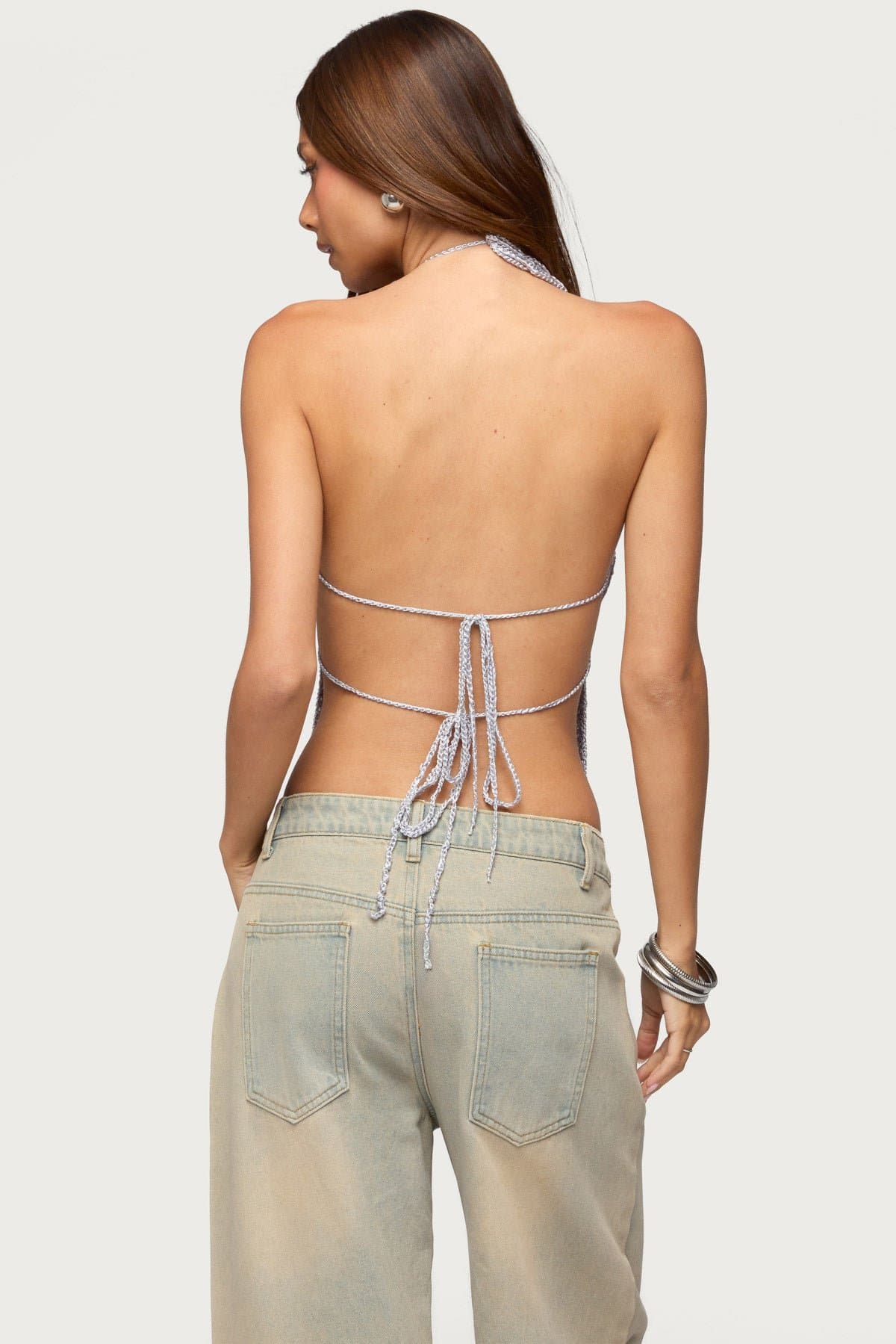 Thaly Backless Sequin Crochet Halter Top - Polyester