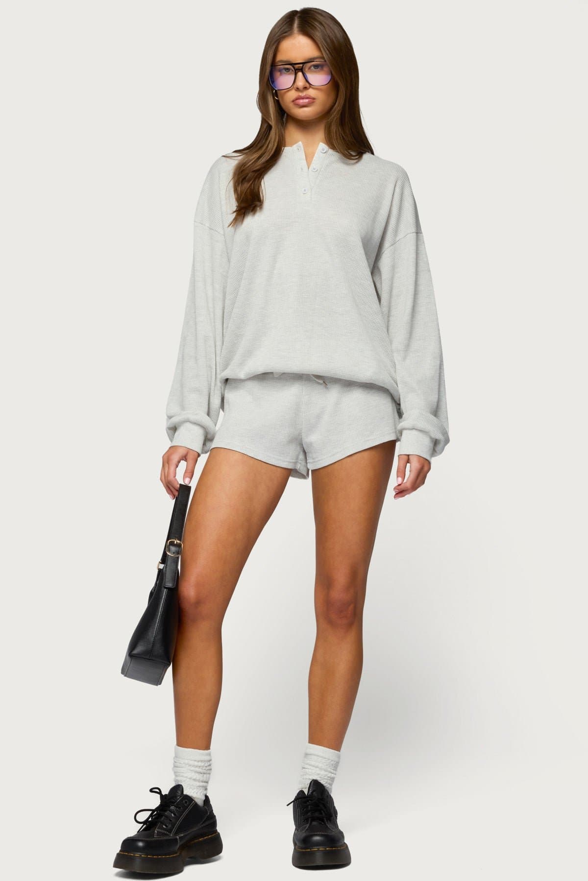 Baila Waffle Henley Top - Long Sleeve Oversized Cotton Polyester Women's Shirt