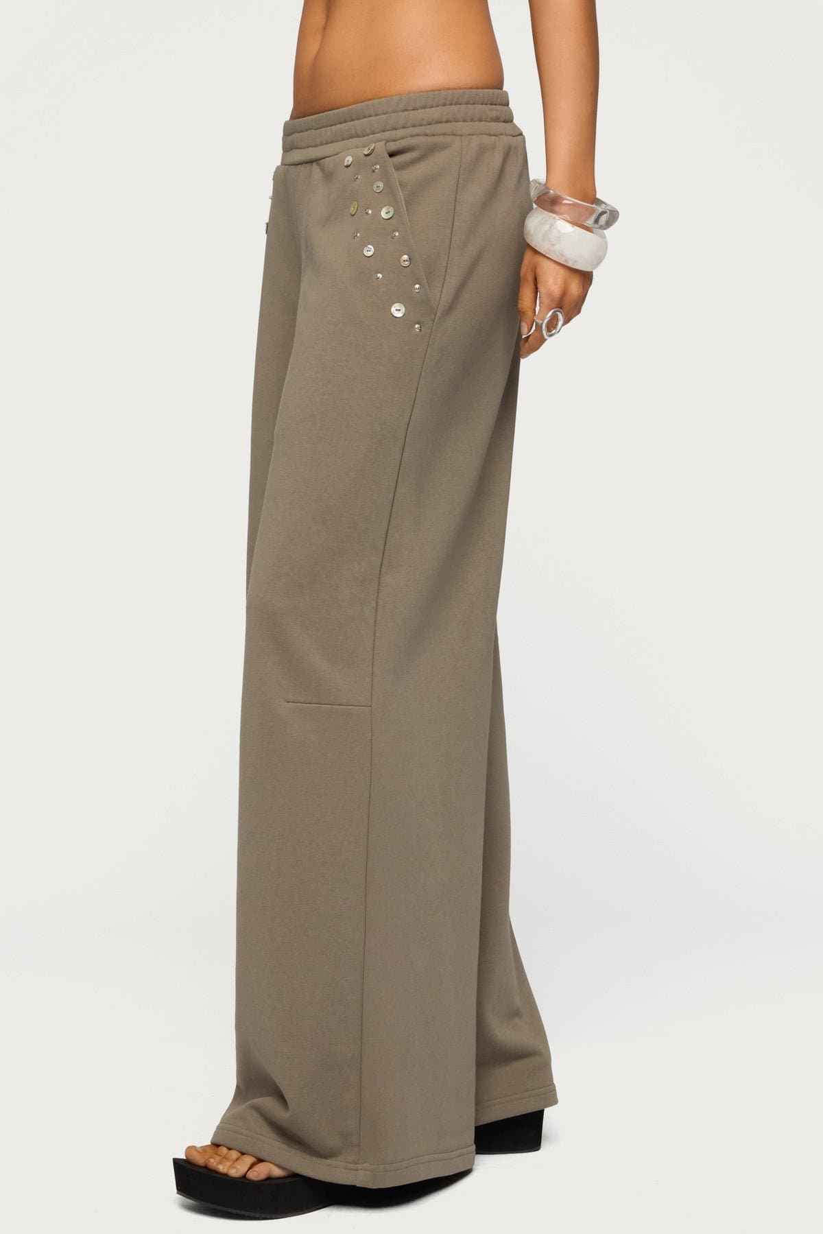 Zania Iridescent Button Sweatpants - Elastic Waist Wide Leg Cotton Polyester