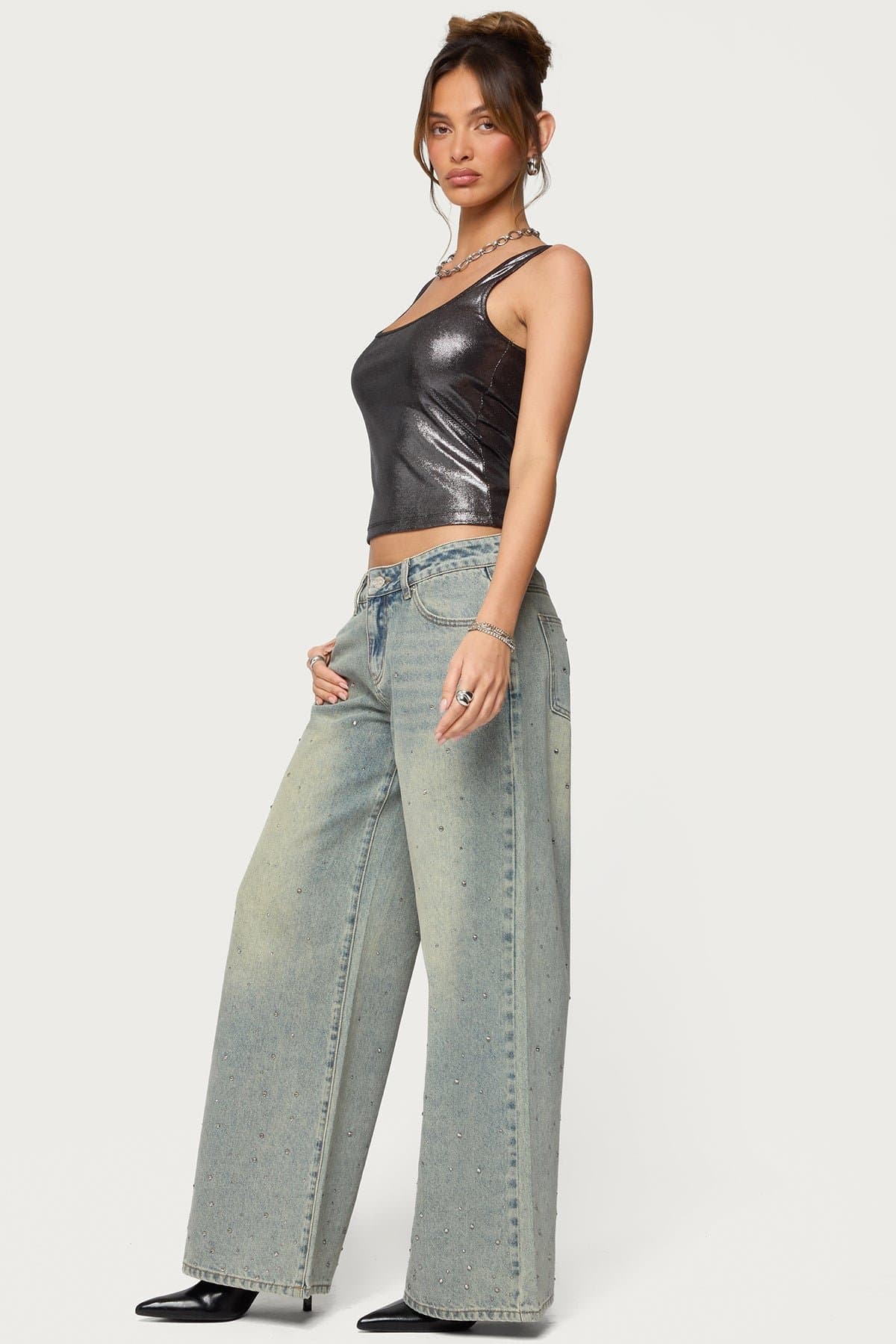 Laidie Metallic Tank Top - Square Neckline Polyester Spandex