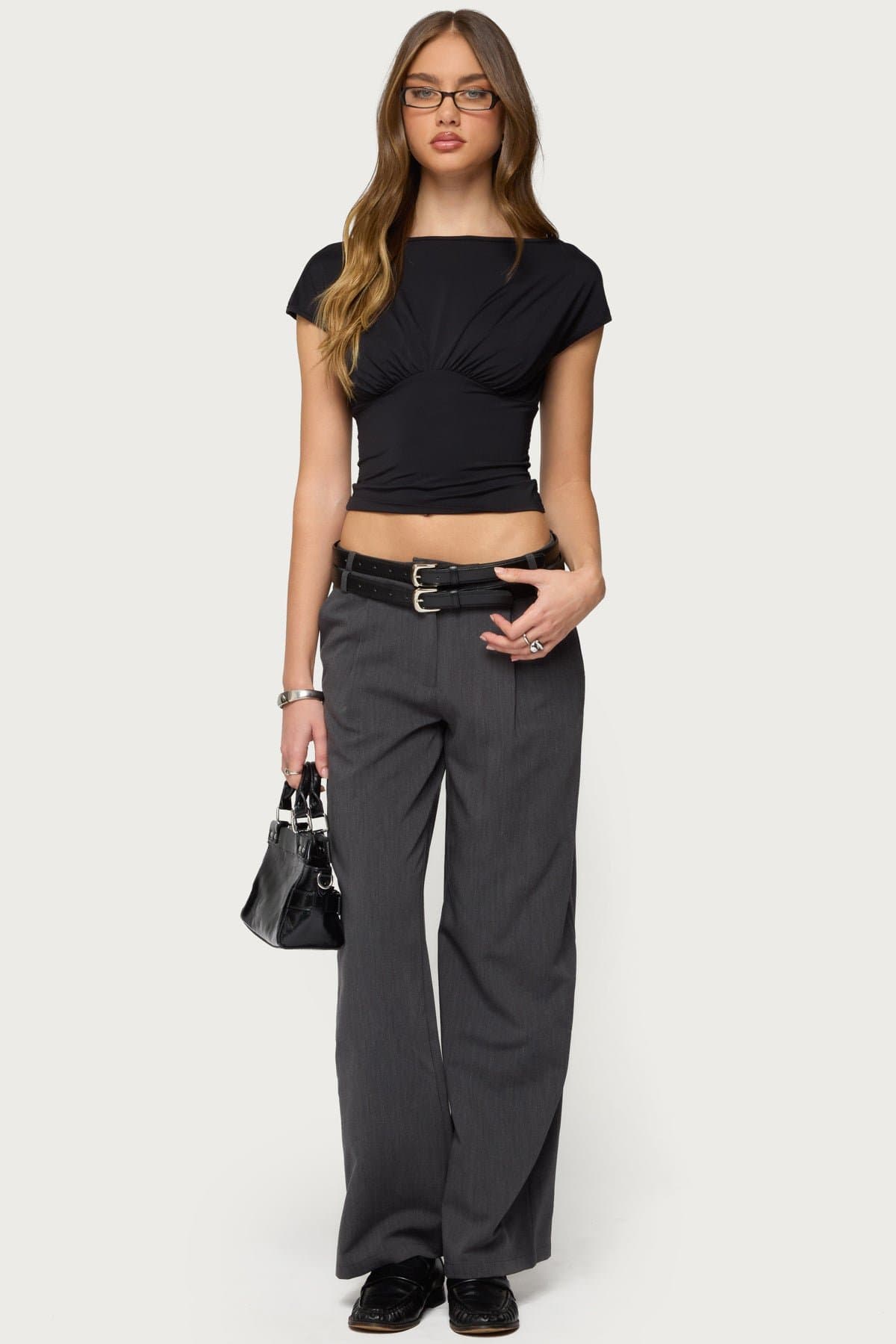 Leonah Ruched Boat Neck Top - Fitted Polyester Spandex