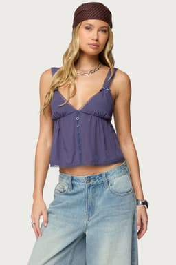 Andea Babydoll Tank Top with Lace Trim, Adjustable Straps, Rayon Polyester