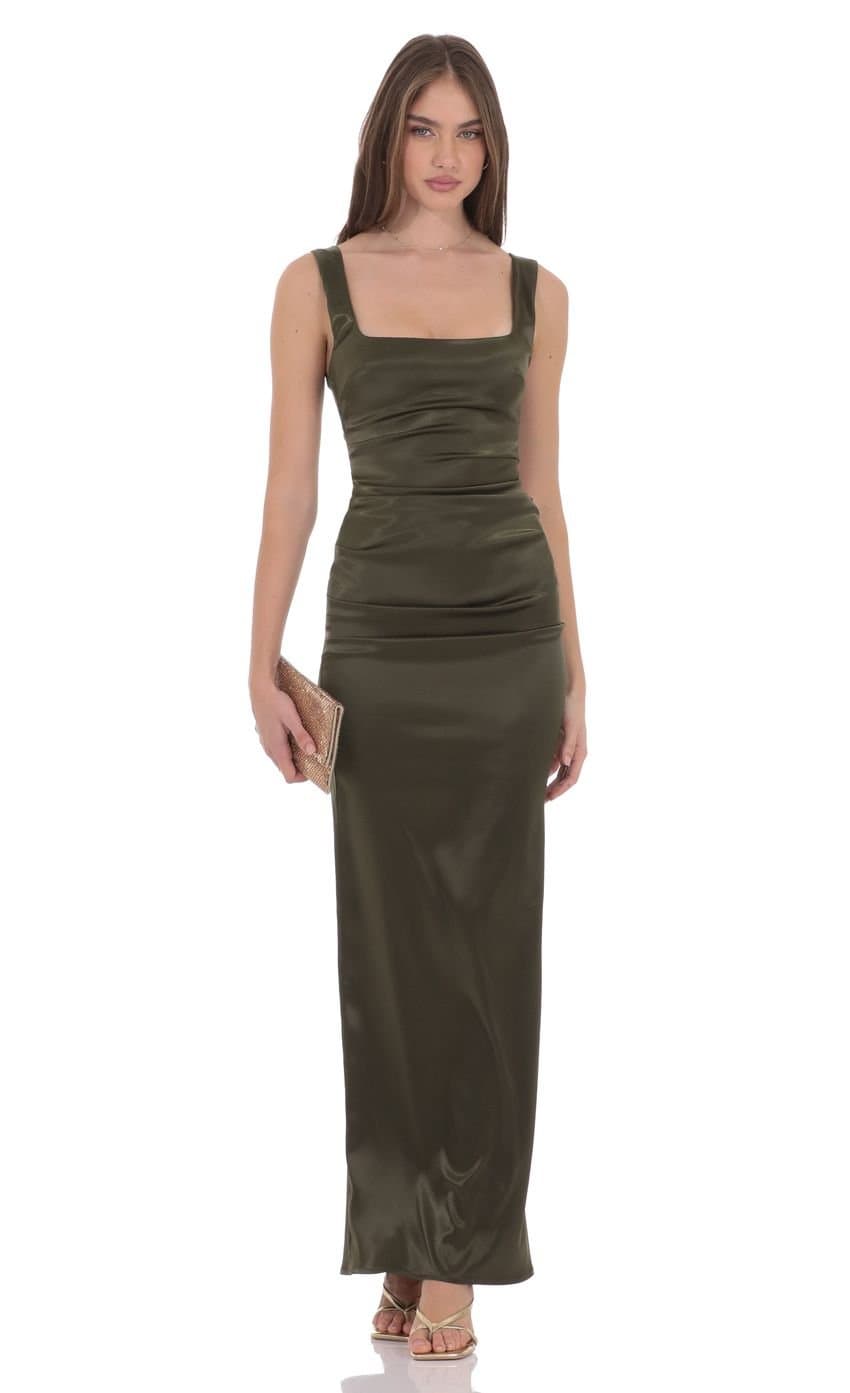 Satin Bodycon Maxi Dress in Olive Green