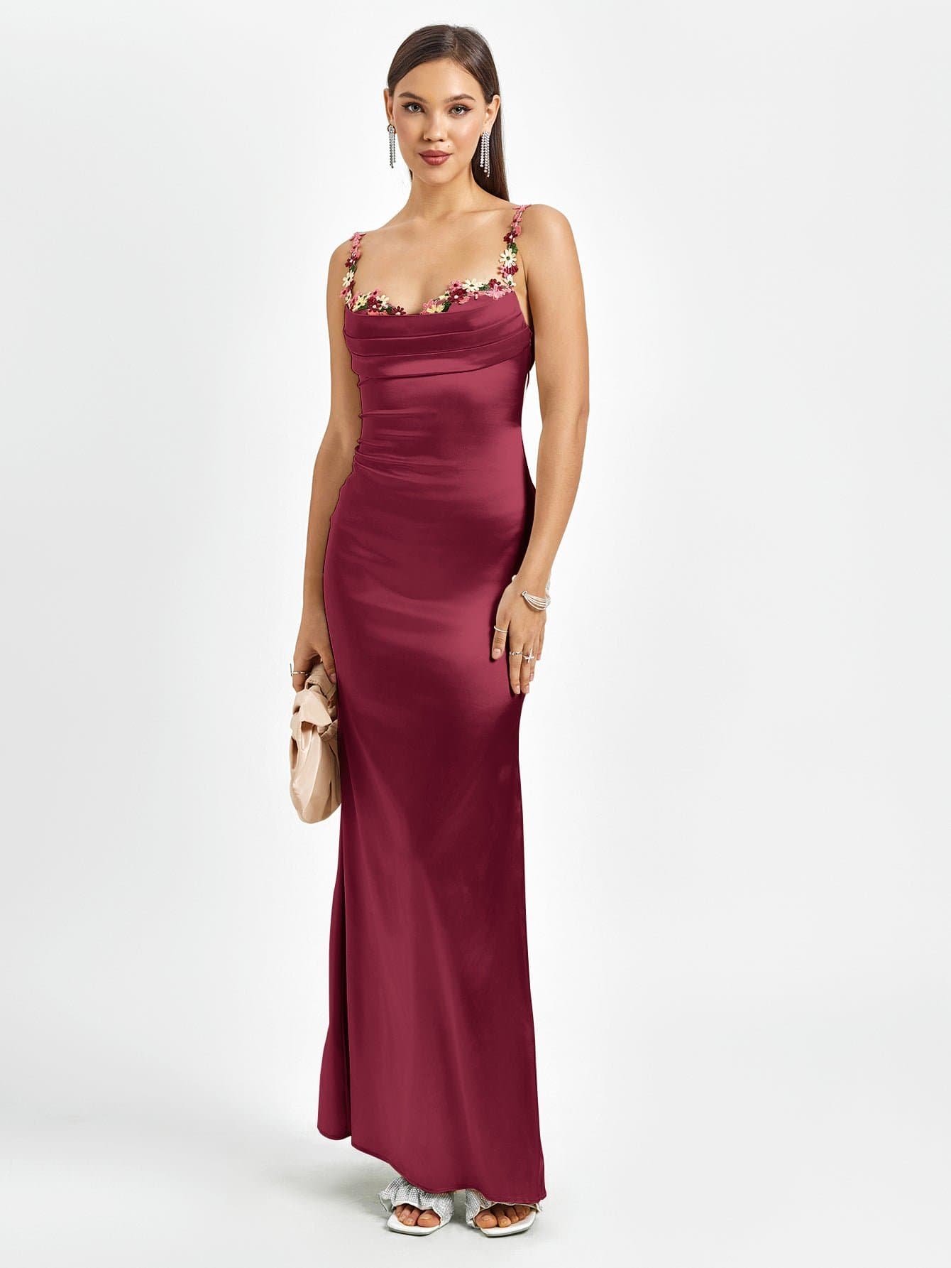 Embellished Strap Tie Back Satin Bodycon Dress