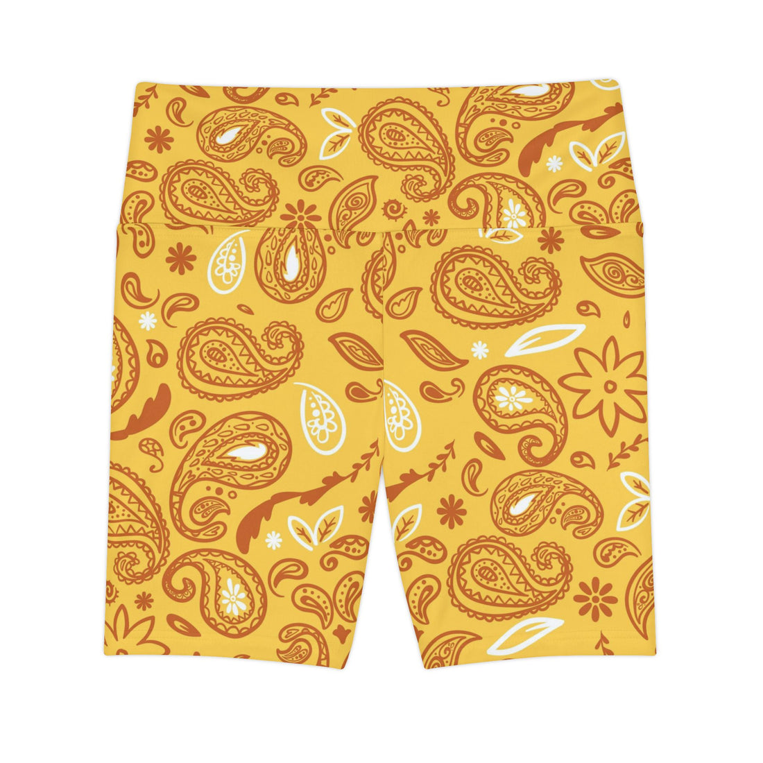 Yellow Paisley High-Waisted Sports Shorts – Vibrant Activewear for Women