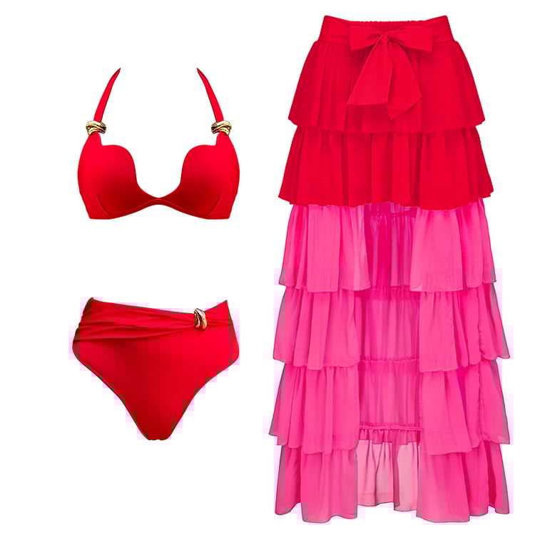 Metal Knot Ornaments Decor Red Bikini Swimsuit Set - As shown / S