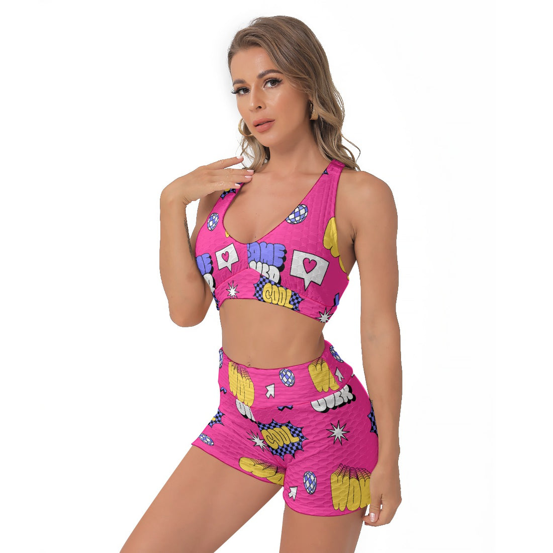 Bold Women's Activewear Set – Sports Bra and Shorts with Colorful Comic Patterns