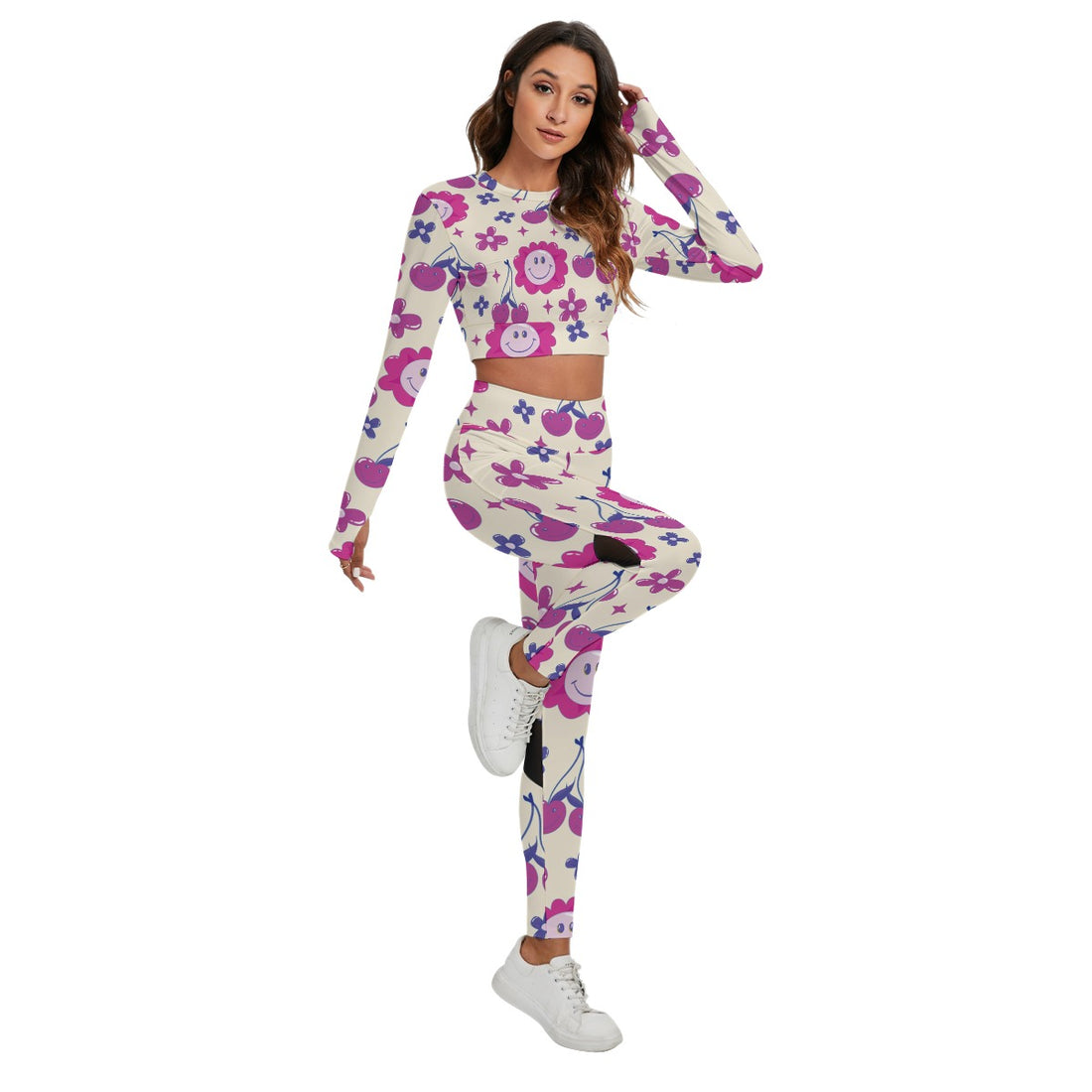 Back Hollow Women's Sportswear Set with Vibrant Smiley, Floral, and Cherry Patterns – Comfortable &