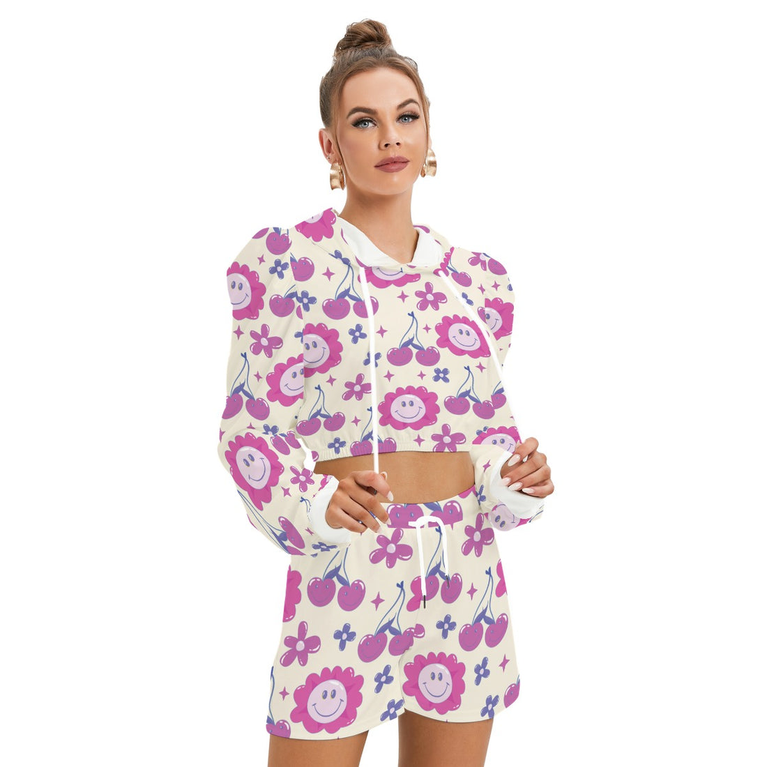 Playful Women's Hoodie and Shorts Set – Smiley Flowers and Cherry Pattern