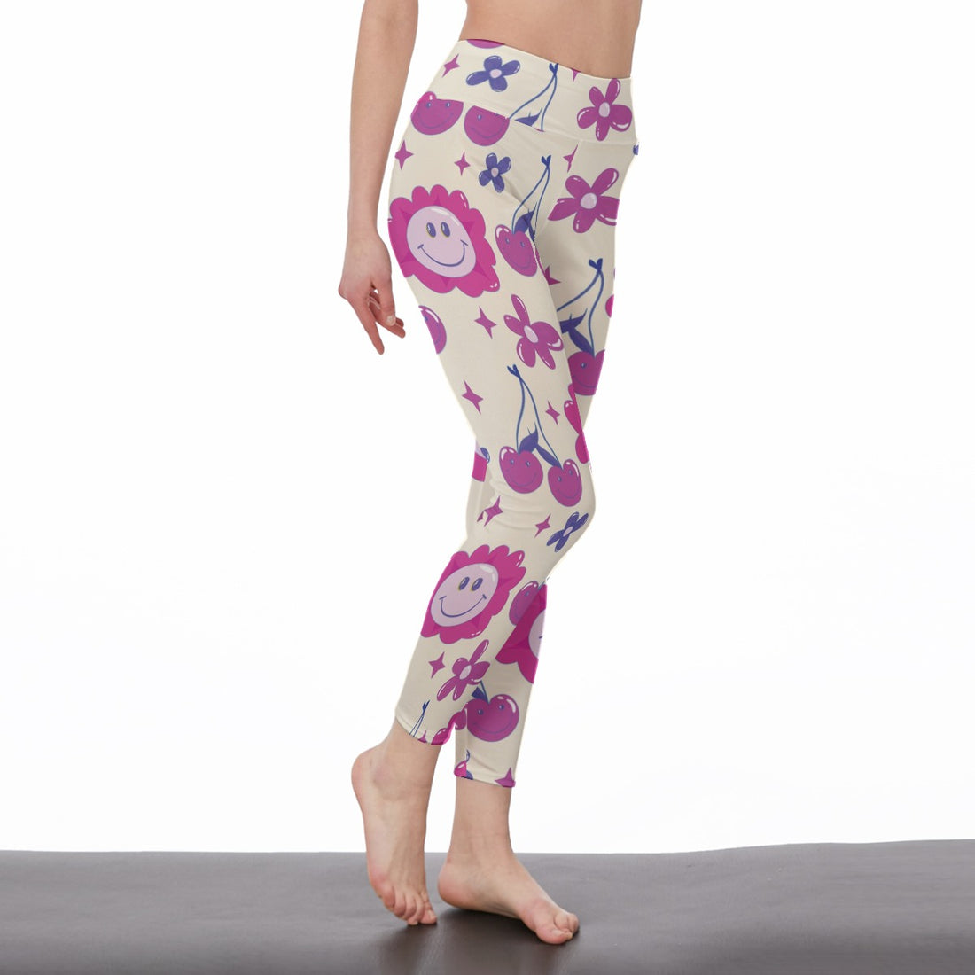 Women's High Waist Leggings with Smiley Flower and Cherry Prints | Side Stitch Closure