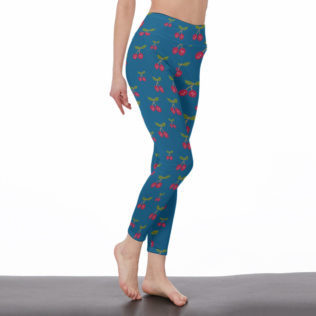 Women's High-Waist Blue Cherry Print Leggings | Side Stitch Closure