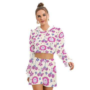 Playful Women's Hoodie and Shorts Set – Smiley Flowers and Cherry Pattern