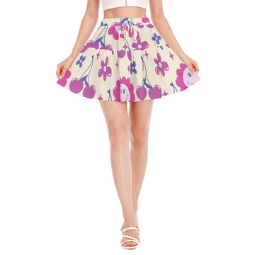 Women's Skater Skirt with Smiley Flower and Cherry Prints – Fun and Playful Design