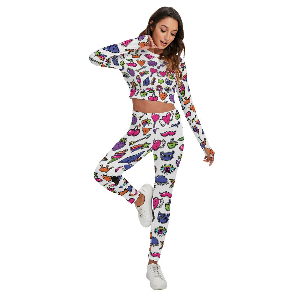 Whimsical Hearts Activewear Set With Backless Top And Leggings