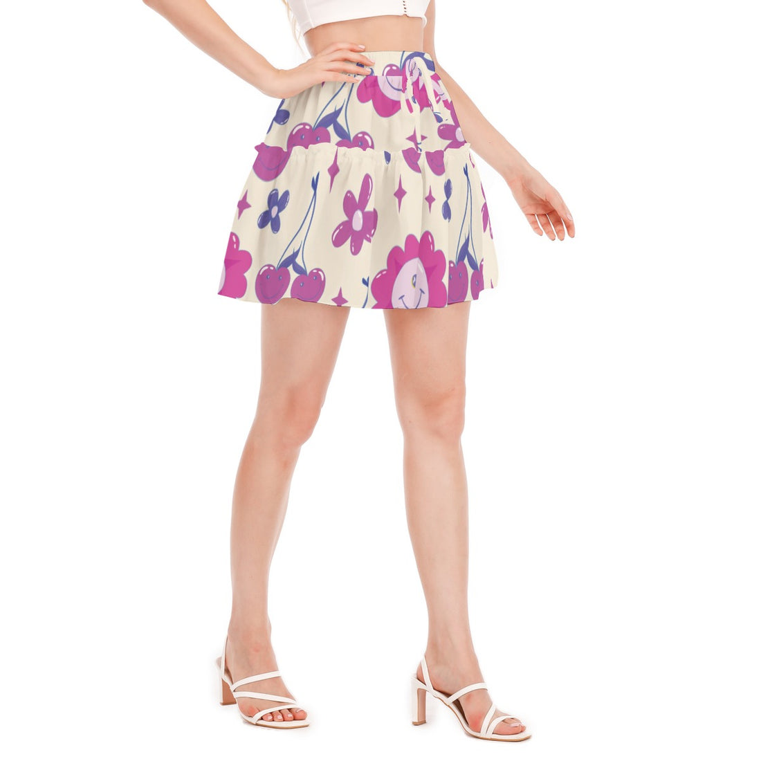 Women's Skater Skirt with Smiley Flower and Cherry Prints – Fun and Playful Design