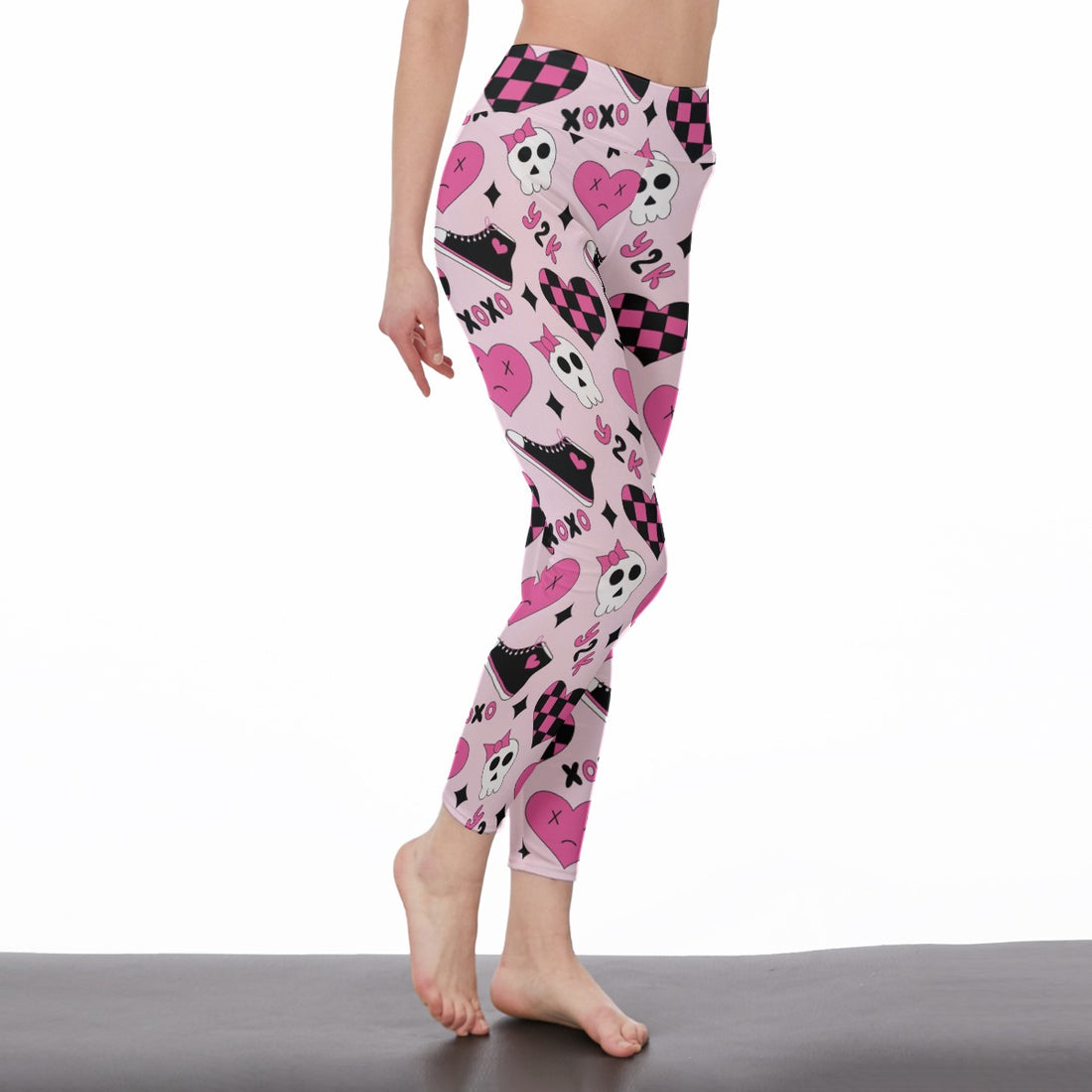 High Waist Leggings for Women – Pink Gothic Skull and Heart Pattern | Side Stitch Closure