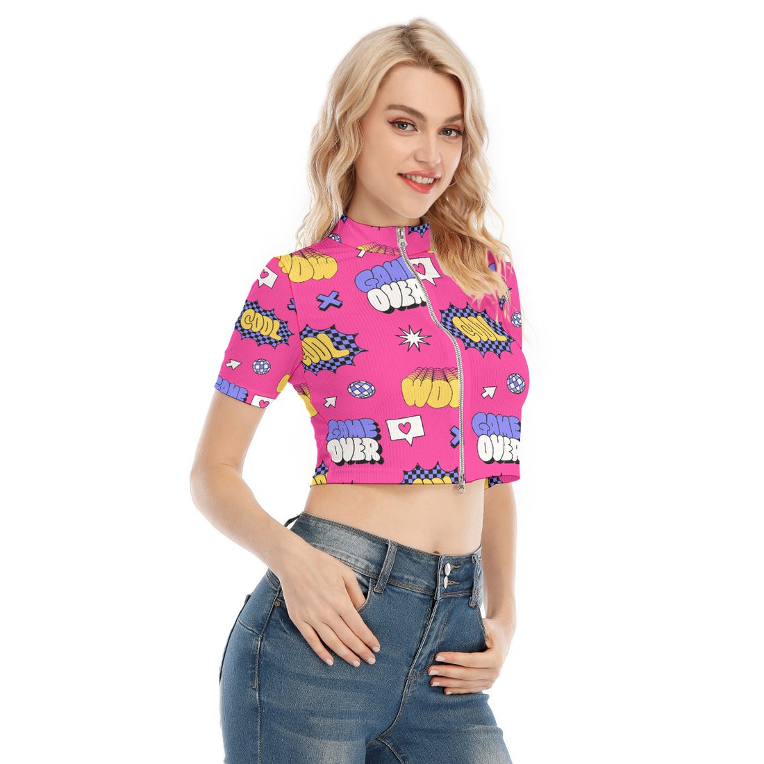 Comic Pop Short Sleeve T-shirt With Two-way Zipper