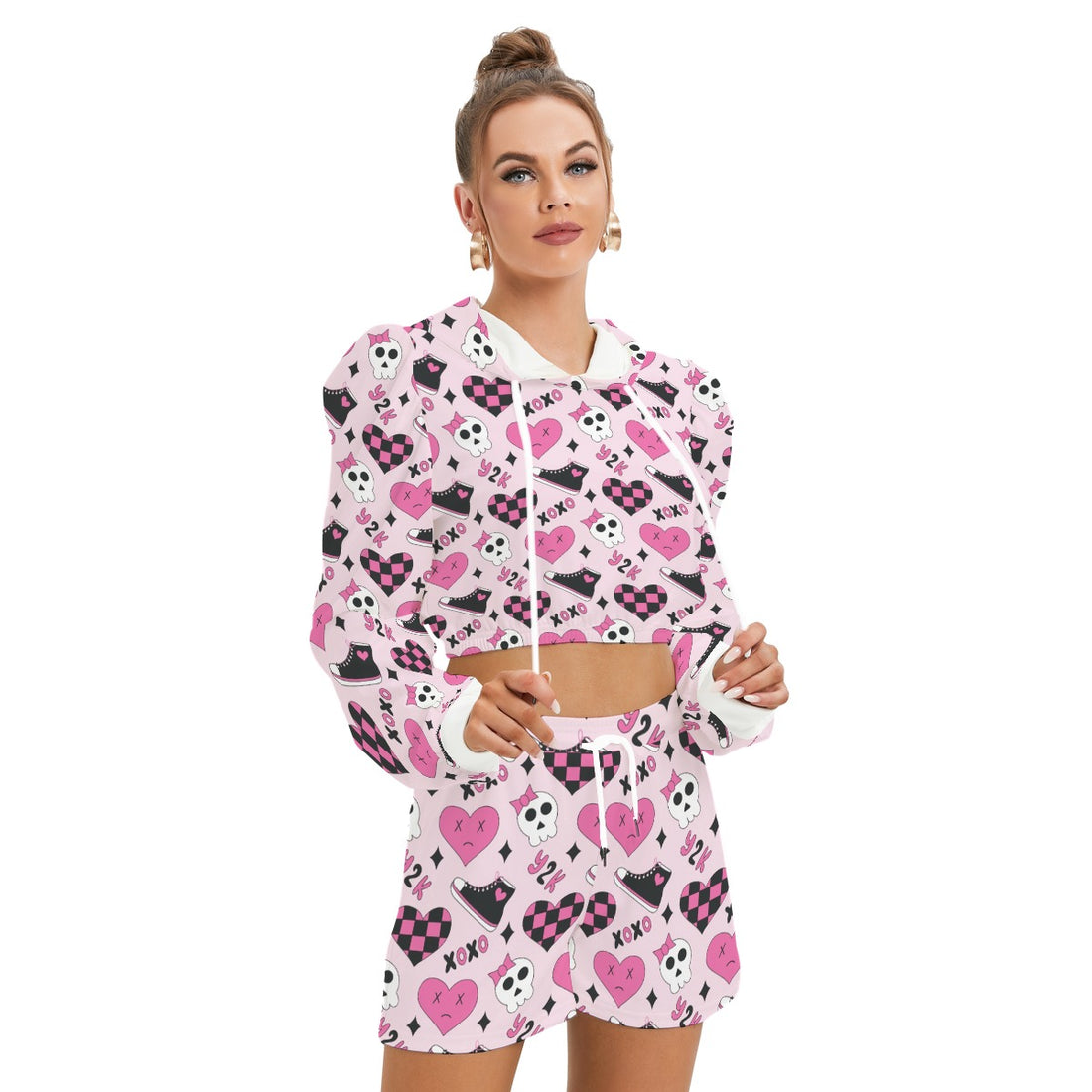 Bold Women's Casual Set – Hoodie and Shorts with Gothic Heart and Skull Patterns