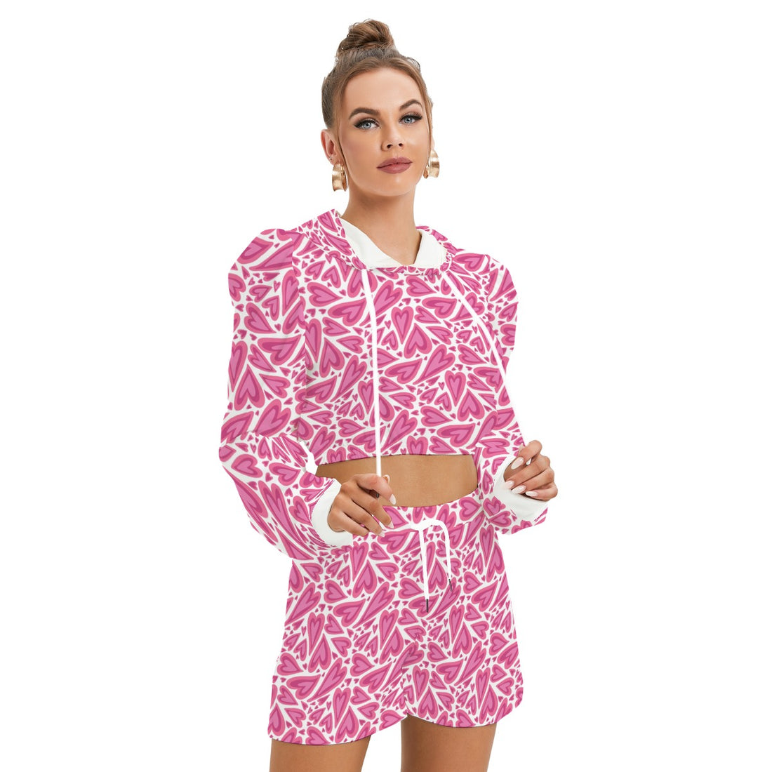 Chic Women's Casual Set – Hoodie and Shorts with Bold Pink Heart Pattern