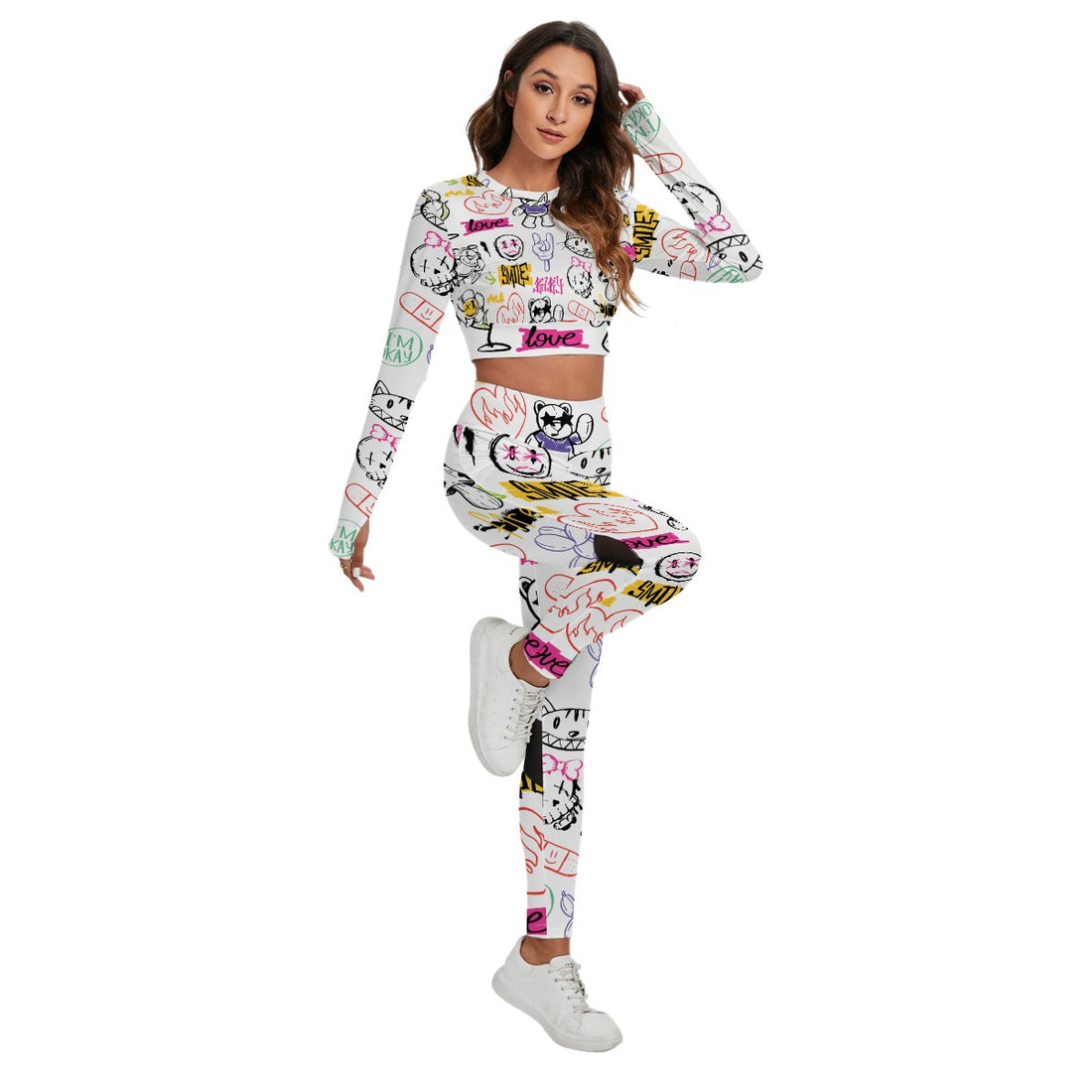 Urban Doodle Activewear Set With Backless Top And Leggings