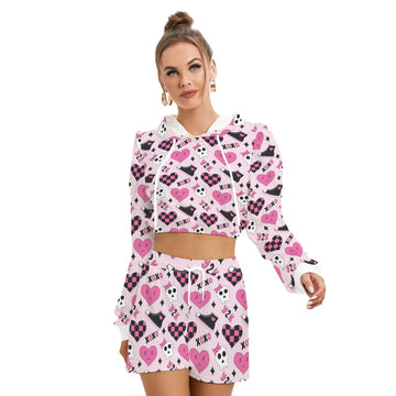 Bold Women's Casual Set – Hoodie and Shorts with Gothic Heart and Skull Patterns