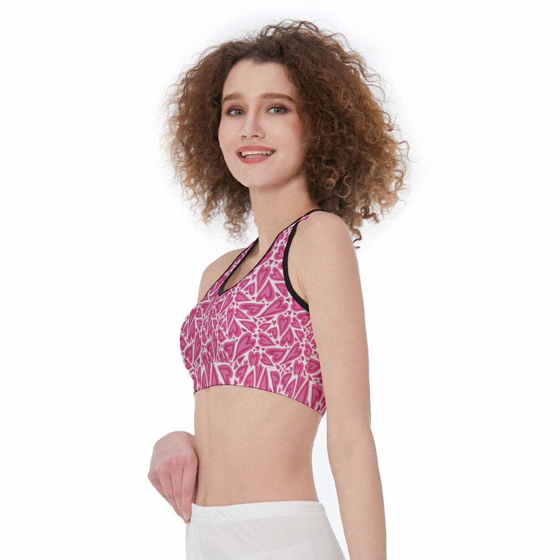 Trendy Women's Sports Bra – Vibrant Pink Heart Pattern for a Bold Look