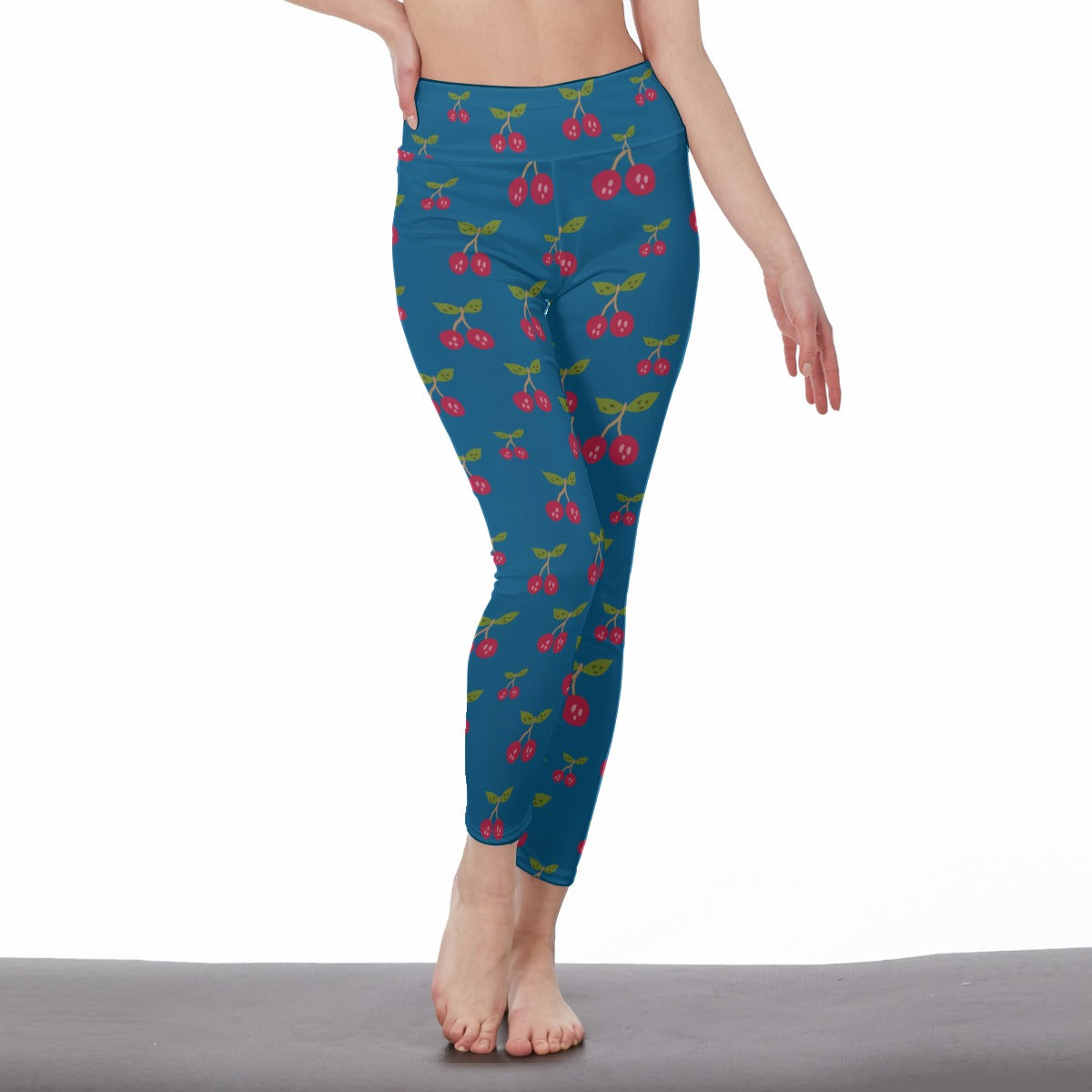 Women's High-Waist Blue Cherry Print Leggings | Side Stitch Closure