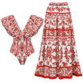 Ruffle Totem Pattern Print One Piece Swimsuit Set - As shown / S