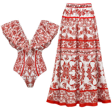 Ruffle Totem Pattern Print One Piece Swimsuit Set - As shown / S