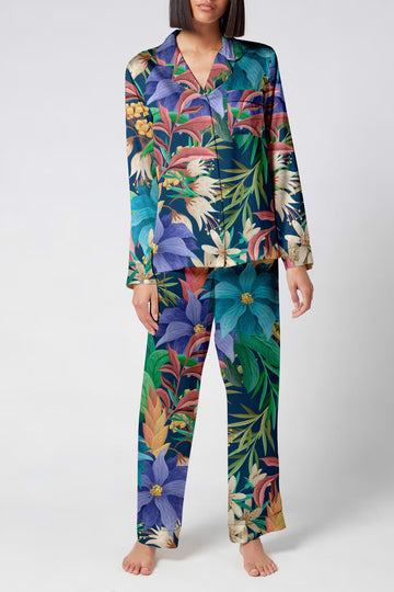 Twilight Bloom – Elegant Midnight Garden Floral Satin Pajama Set