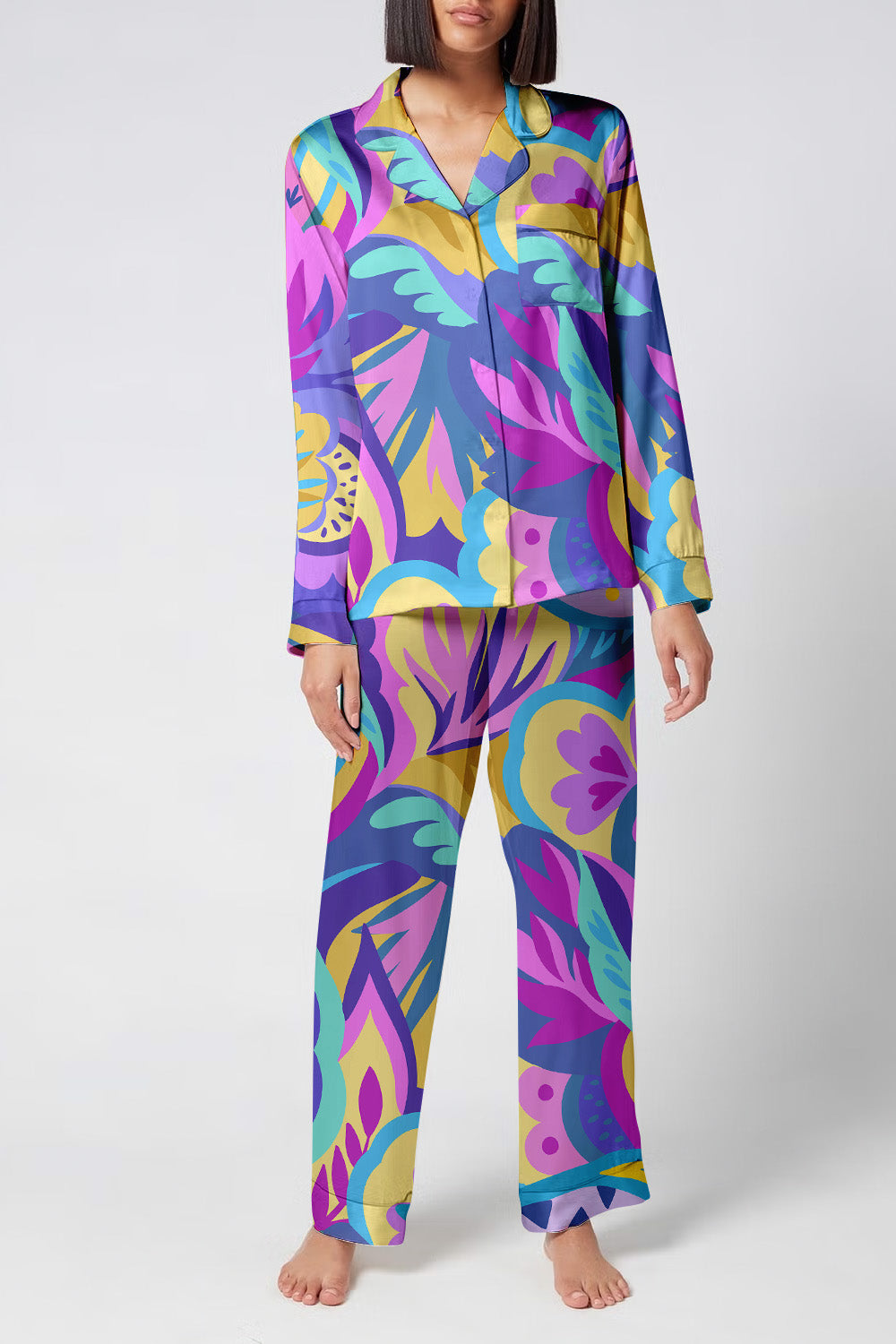 Electric Bloom – Retro Floral Print Satin Pajama Set