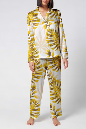 Golden Canopy – Satin Tropical Leaf Pajama Set
